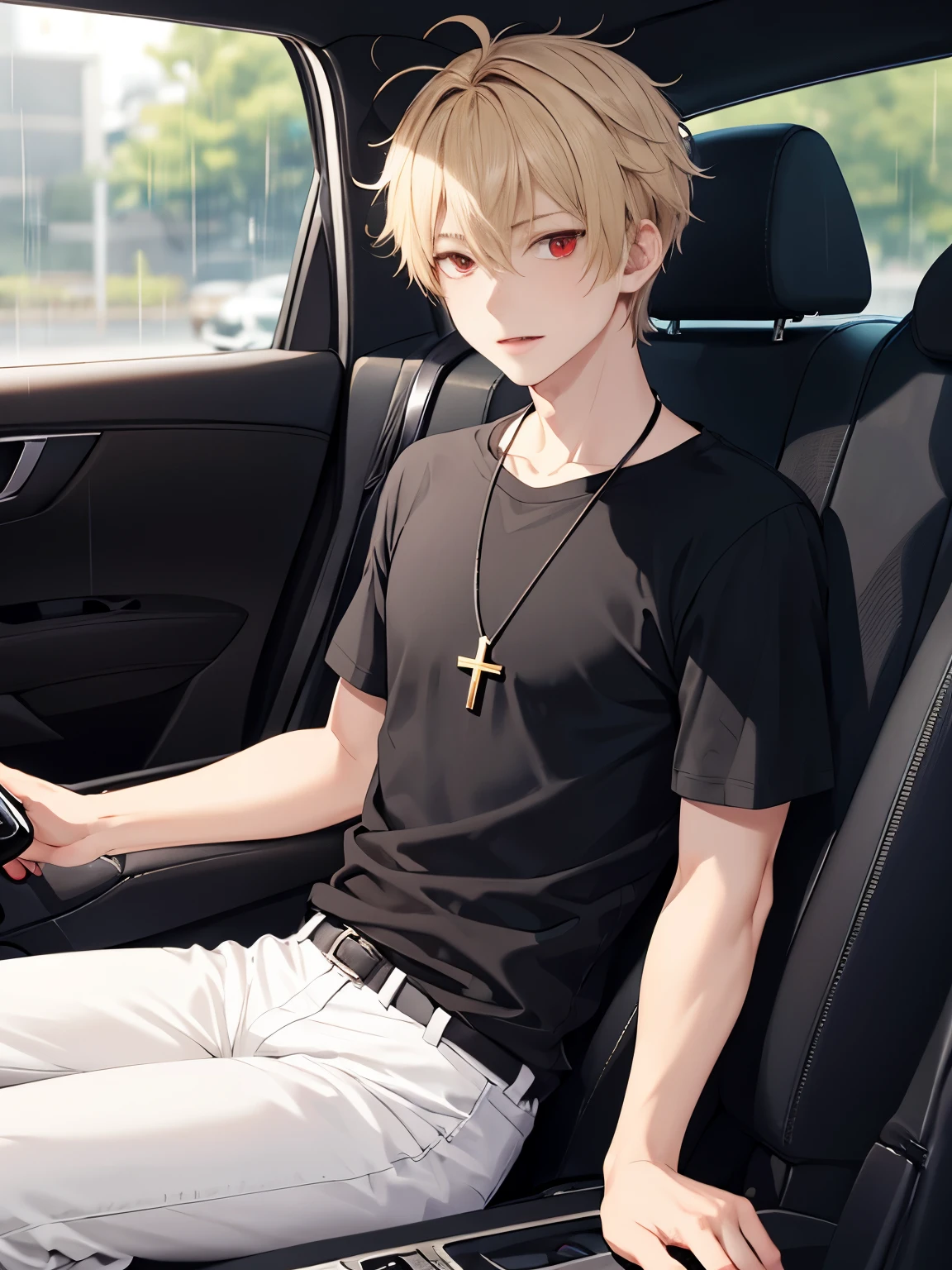 1 boy,solo,20 years old,Sitting in a car seat, heavy rain, various facial expressions,HD face,Focus on face,cross necklace,handsome,messy hair,Perfect face, detailed face, short hair, blonde hair,black t-shirt, Plain t-shirt,black t-shirt,short sleeve t-shirt,black trousers, Long pants,red eyes,bright red eyes, vampire