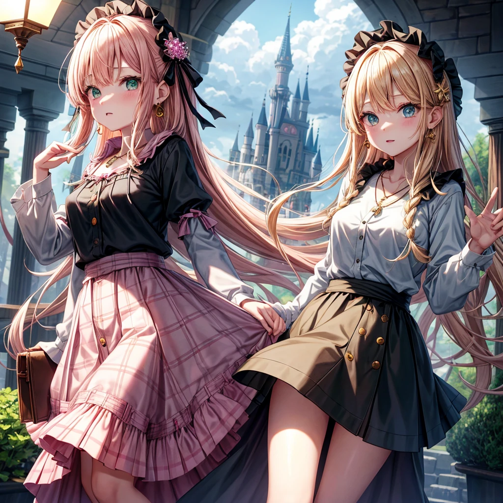 pink blonde、green eyes、one good looking girl、solo、anime、plaid mini skirt、the skirt has buttons、black camisole、black t-shirt、dress、wearing a ribbon、ribbon at waist、cloak、hood、clouds are swirling、stone slabs are piled up、one hand raised、crystal earrings、vegetable garden、monster castle、ceiling、golden key、jewelry necklace、Light and shadow、window、Hundreds of Ghosts at Night