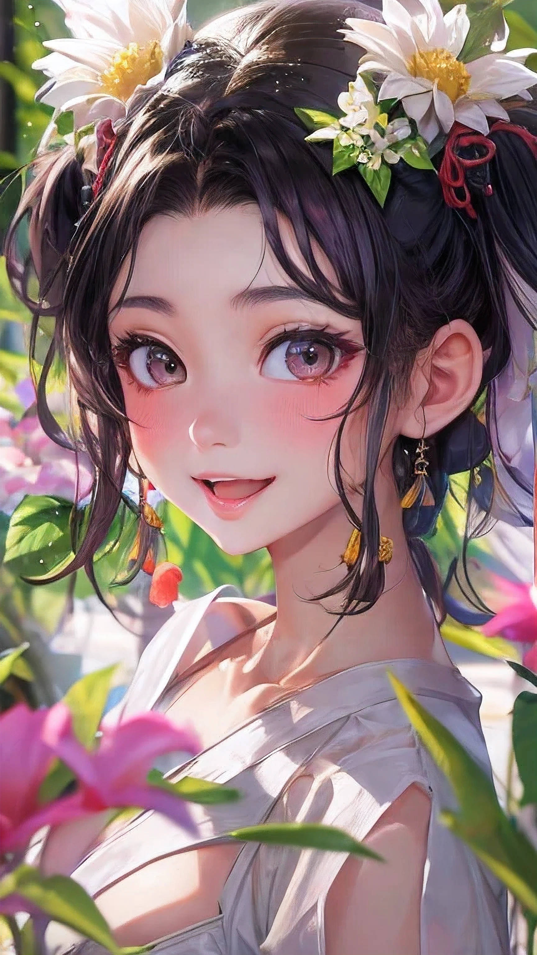 actual, 1 Chinese Fan Bingbing girl, black hair, big eyes, Smile,open mouth,glowing eyes, crop top, skirt, open lips, blush, night, flowers, sun, sunlight,