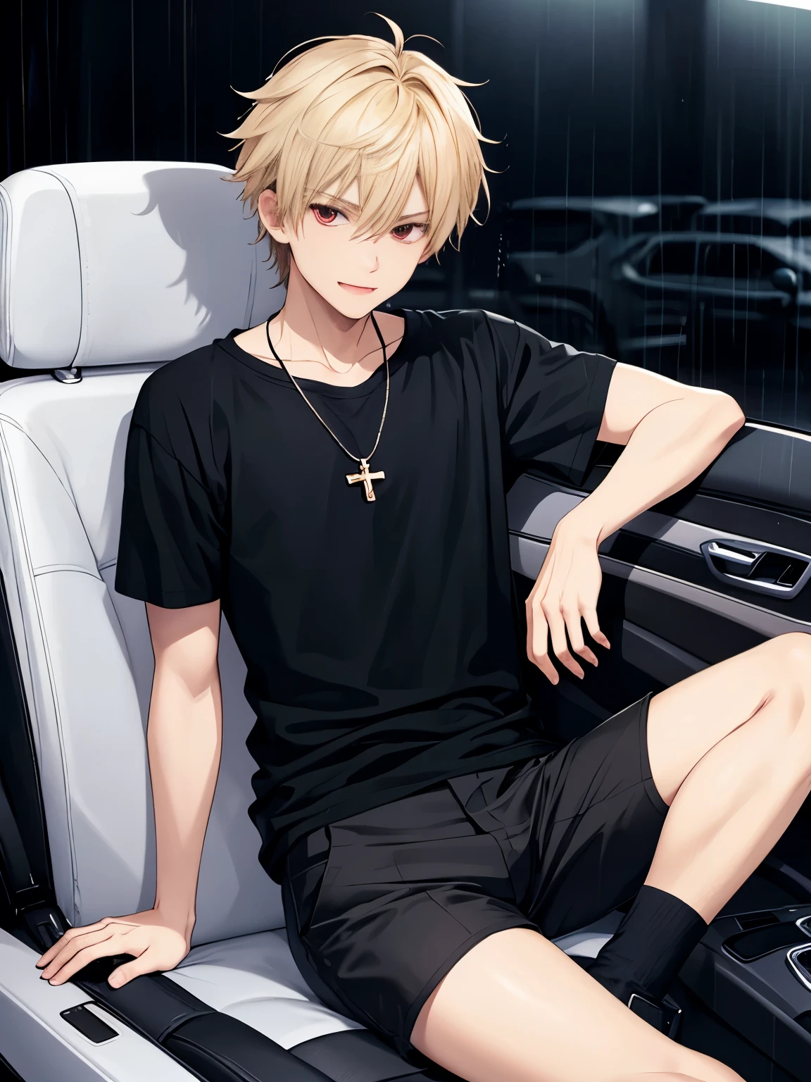 1 boy,solo,20 years old,Sitting in a car seat,full body photo,rainy, Slight smile,cross necklace,handsome,messy hair,Perfect face, short hair, blonde hair,black t-shirt, Plain t-shirt,black t-shirt,short sleeve t-shirt,black trousers, Long pants,red eyes,bright red eyes, vampire