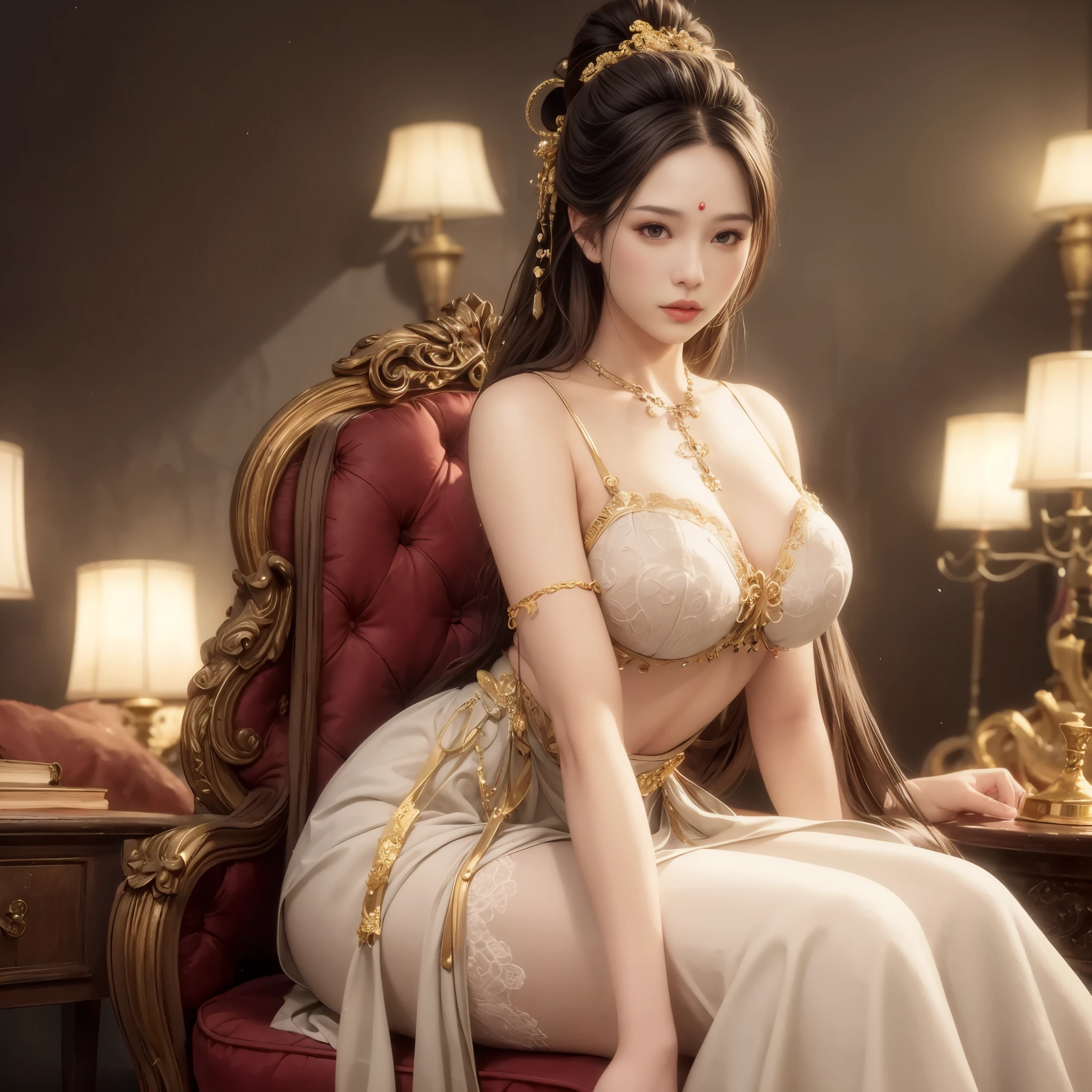 a girl，alone，gray background，artistic lighting，Beautiful Asian goddess，long brown hair，high ponytail，Blonde headband，Exquisite facial features，Thin white lace dress，Gold embroidery on the skirt，sleeveless，smooth skin，huge :1.5，sit cross-legged，Hands together，center，symmetry，from below，abdominal shot