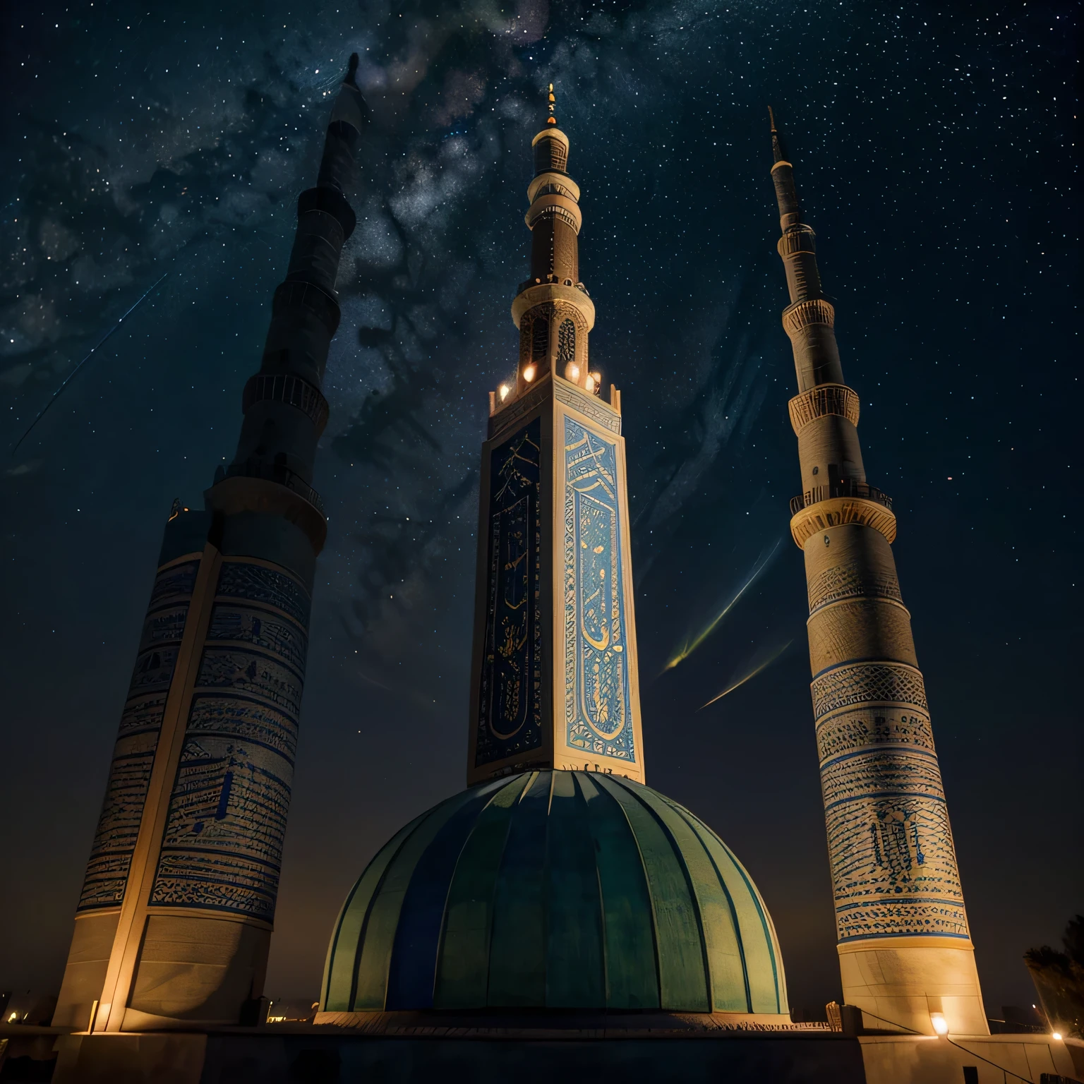 A colorful illustration of a mosque's minaret adorned with intricate Arabic calligraphy, against the backdrop of a starry night sky, symbolizing the tranquility and spirituality of Ramadan.