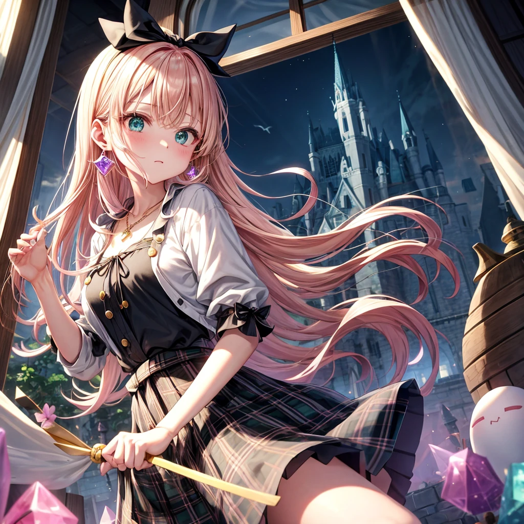 pink blonde、green eyes、one good looking girl、solo、anime、plaid mini skirt、the skirt has buttons、black camisole、black t-shirt、dress、wearing a ribbon、ribbon at waist、cloak、hood、clouds are swirling、stone slabs are piled up、one hand raised、crystal earrings、vegetable garden、monster castle、ceiling、golden key、jewelry necklace、Light and shadow、window、Hundreds of Ghosts at Night
