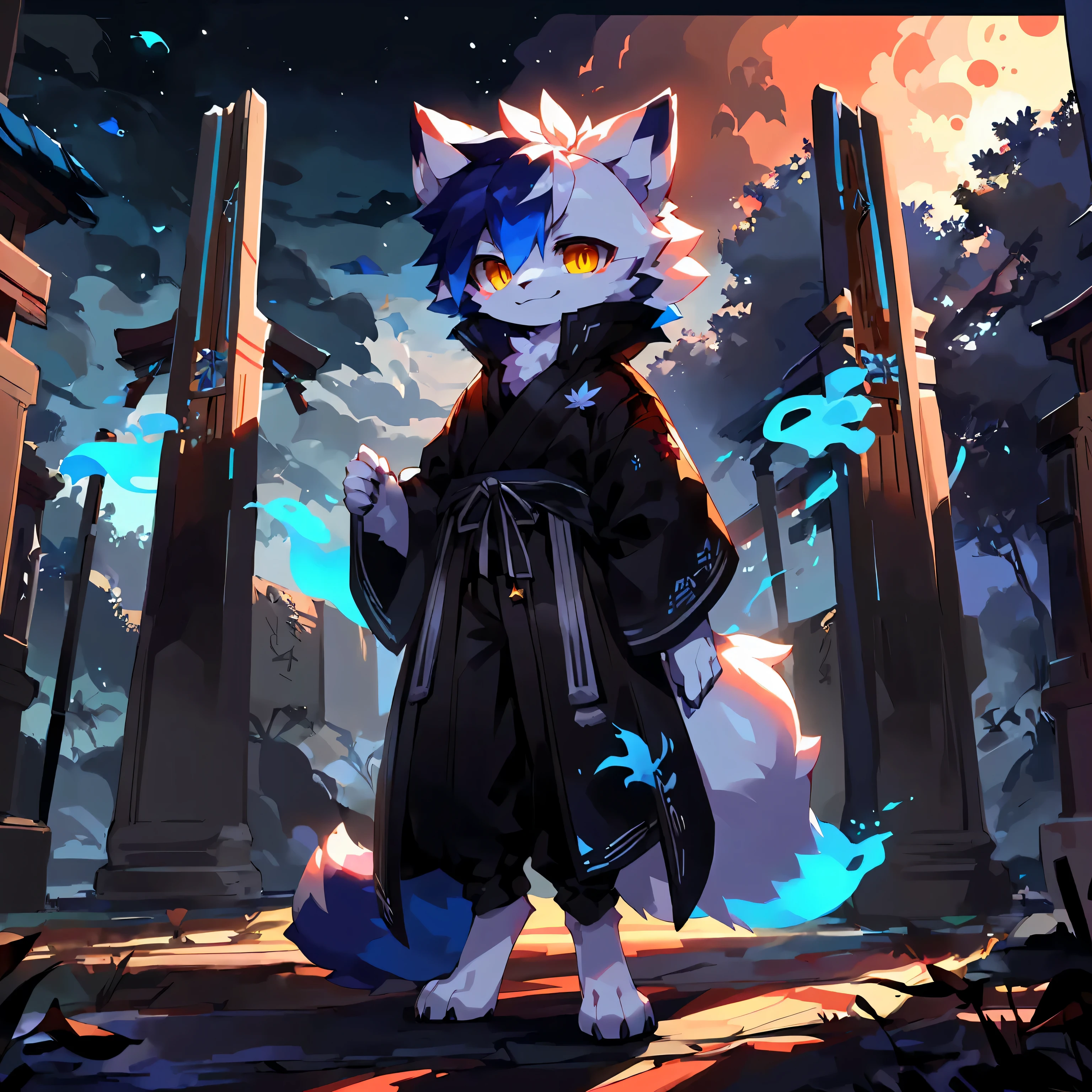 high quality portraits, Highest definition, dramatic lighting, intricate details, sharp focus, a white fox, boys, ((Fake laugh))), holding katana, ((( \(perfect anatomy\)))), maple leaf, blue tail, fluffy mane, golden eyes, black iris, White and black body, Blue black short hair, fallen leaves（alone), full body portrait, full moon, shrine, ghost, blue flame, Fox fire, night, digital level, standing posture, masterpiece, 16k