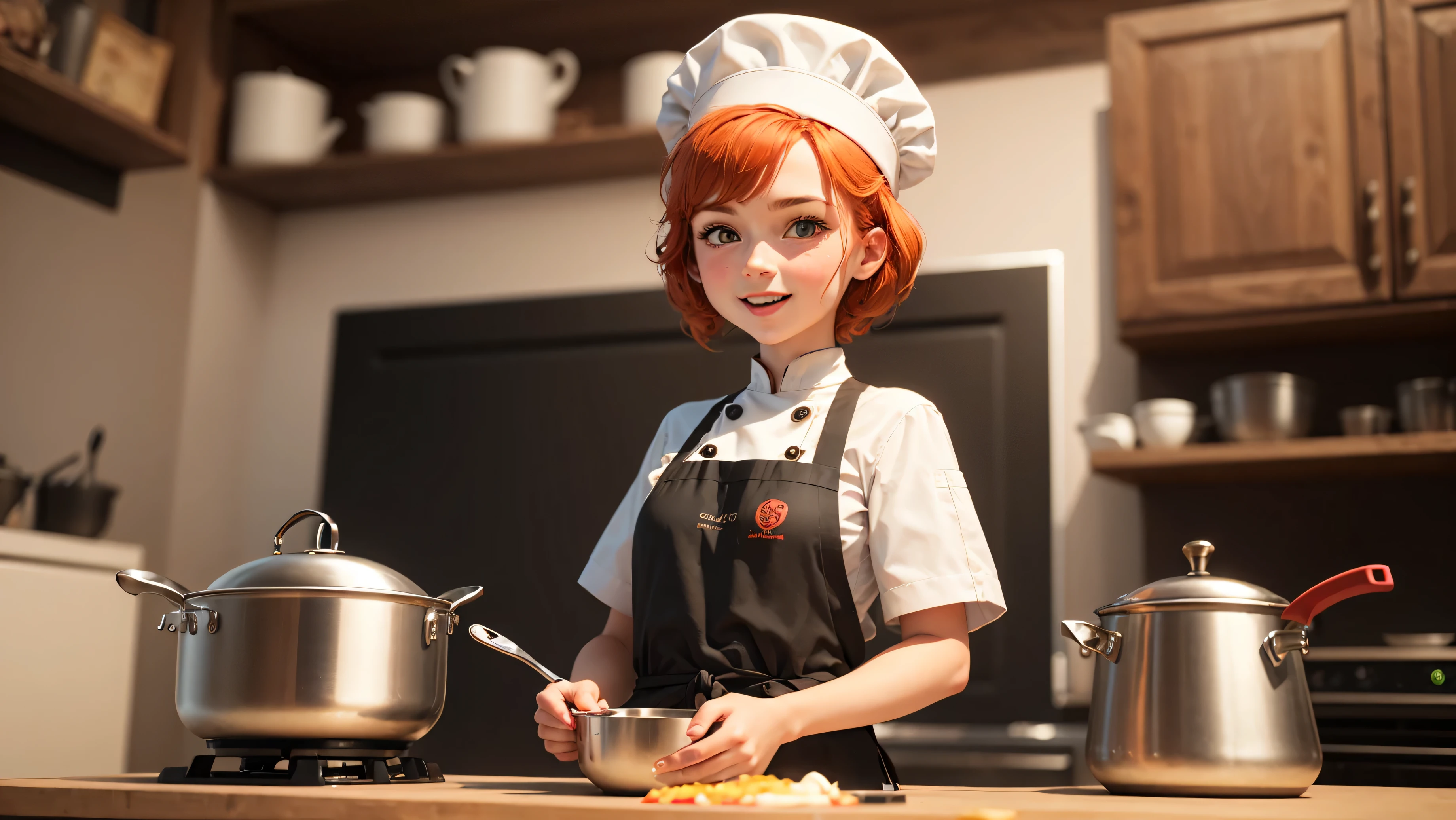 Banner for YouTube channel about cooking: A young red-haired culinary girl, on her shoulder a rat from the cartoon Ratatouille, in a chef's hat, with a pot, with a playful and cheerful look, 3D colorful characters
