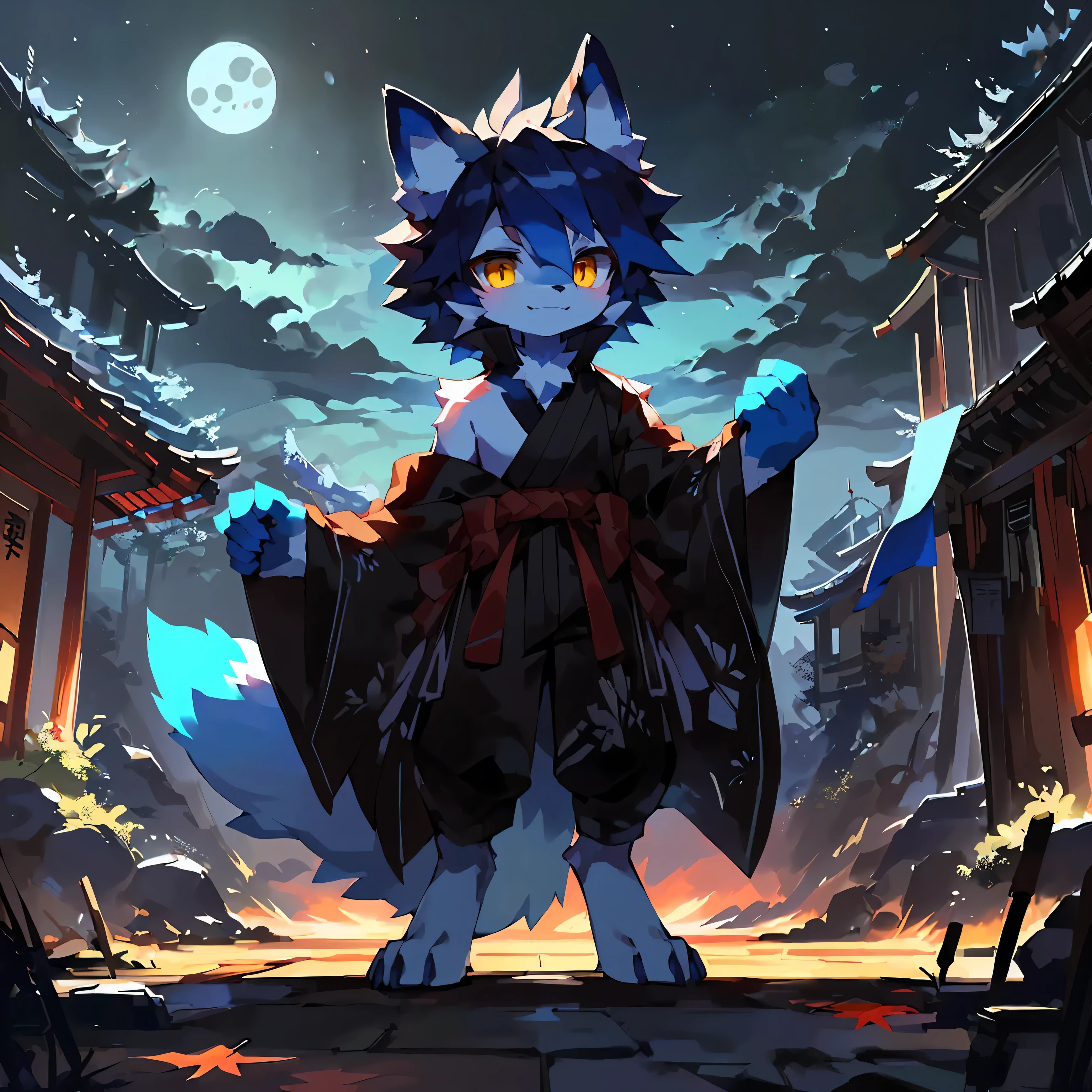 high quality portraits, Highest definition, dramatic lighting, intricate details, sharp focus, a white fox, boys, ((Fake laugh))), holding katana, ((( \(perfect anatomy\)))), maple leaf, blue tail, fluffy mane, golden eyes, black iris, White and black body, Blue black short hair, fallen leaves(alone), full body portrait, full moon, shrine, ghost, blue flame, Fox fire, night, digital level, standing posture, masterpiece, 16k