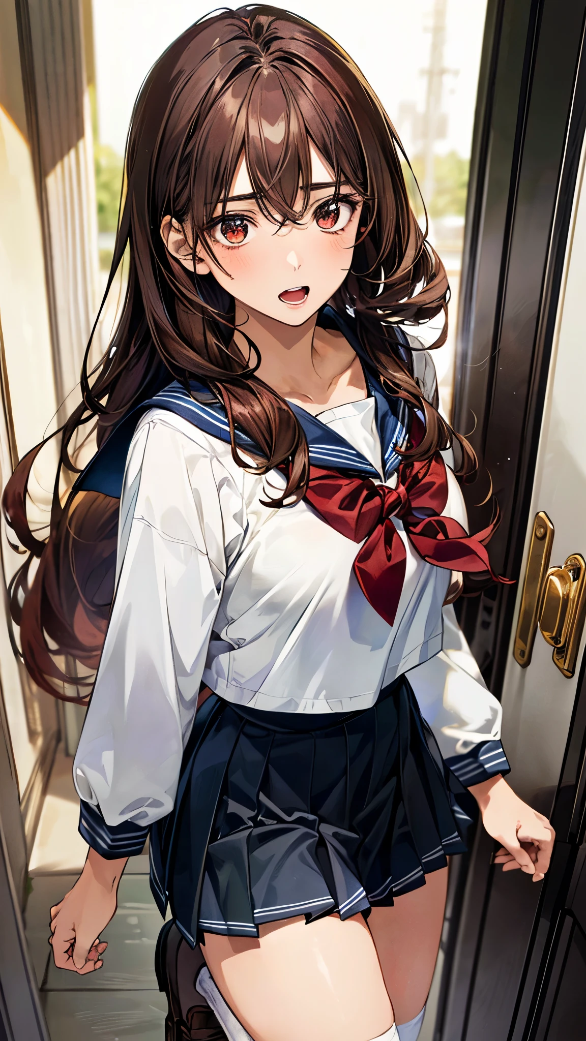 (masterpiece:1.2, top-quality, ultra high res, ultra detailed), (realistic, photorealistic:1.4), beautiful illustration, (natural side lighting, movie lighting), 
looking away, 1 girl, japanese, high school girl, perfect face, (perfect anatomy), cute and symmetrical face, shiny skin, slender, 
(long hair:1.2, straight hair:1.5, red brown hair), hair between eyes, swept bangs, red hair clip, dark brown eyes, drooping eyes, big eyes, long eye lasher, (medium breasts), 
beautiful hair, beautiful face, beautiful detailed eyes, beautiful clavicle, beautiful body, beautiful chest, beautiful thigh, beautiful legs, 
((detailed cloth texture, long sleeves light grey sailor suit, kight purple pleated skirt, white sailor collar, dark green bow tie, white socks, brown loafers)), 
(beautiful scenery), depth of field, morning, (entrance, open entrance door), running, (surprised, open mouth),