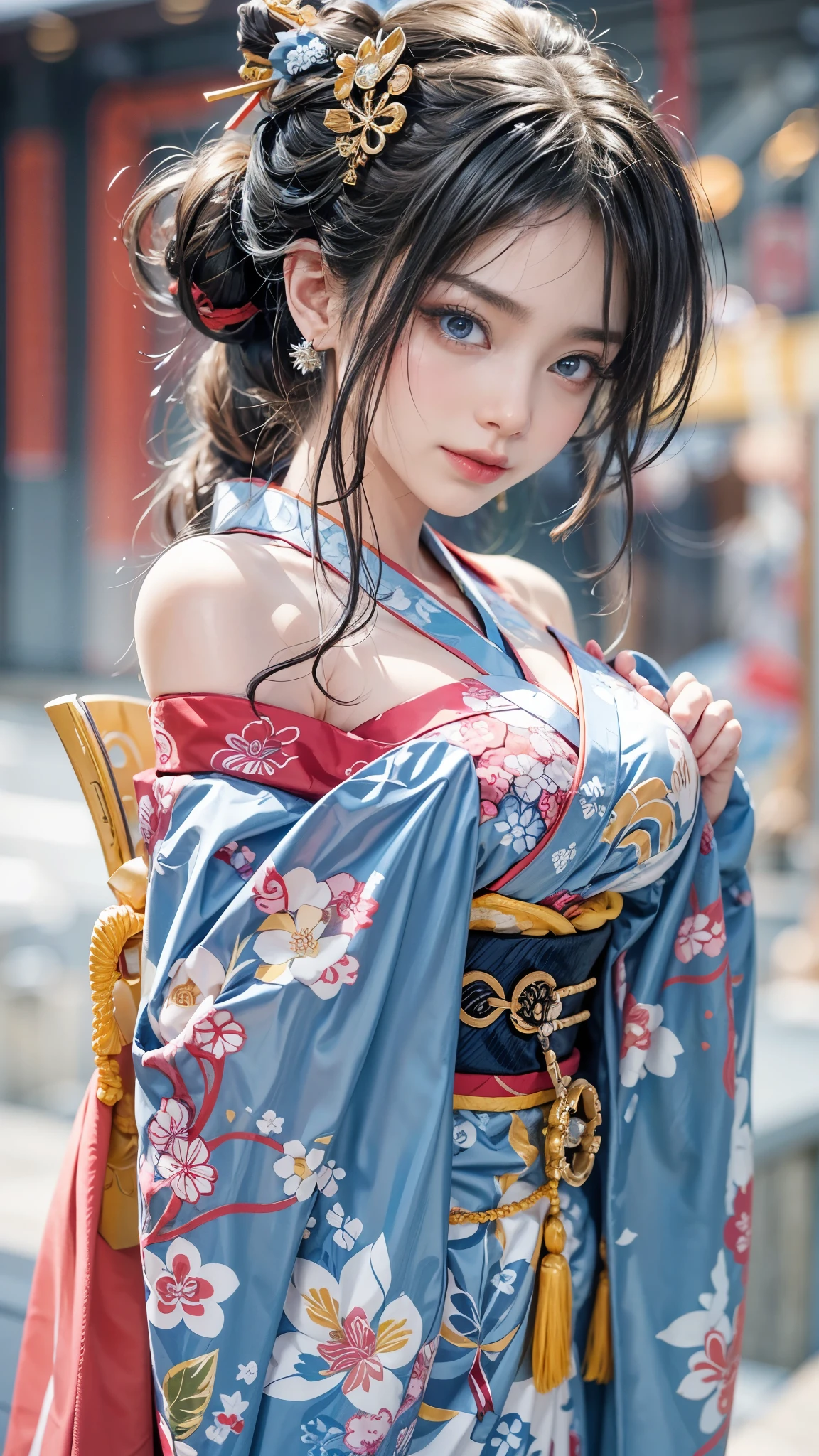 (RAW shooting:1.5, Photoreal:1.5, 8k, highest quality, masterpiece, ultra high resolution), Japan, world of magic and swords, perfect dynamic composition:1.2, Mysterious:1.3, Highly detailed skin and facial textures:1.3, cute and sexy slim female samurai, beautiful and aesthetic:1.2, cute and sexy beauty, perfect style, wear elaborate rings, Japan刀を構える:1.1, fire, water, Wind, thunder, ice, Fair skin, very beautiful face, (Medium chest, Chest gap), (embarrassing smile, The expression on your face when you feel intense caress, Facial expression when feeling pleasure), (wear kimono sexy:1.1, off shoulder), (beautiful blue eyes, Eyes that feel beautiful eros:0.8), (Too erotic:0.9, Bewitching:0.9), full body shot, 背景にJapanの城