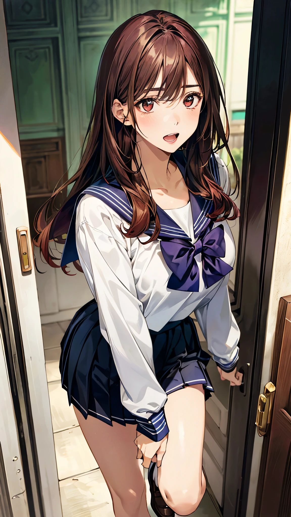 (masterpiece:1.2, top-quality, ultra high res, ultra detailed), (realistic, photorealistic:1.4), beautiful illustration, (natural side lighting, movie lighting), 
looking away, 1 girl, japanese, high school girl, perfect face, (perfect anatomy), cute and symmetrical face, shiny skin, slender, 
(long hair:1.2, straight hair:1.5, red brown hair), hair between eyes, swept bangs, red hair clip, dark brown eyes, drooping eyes, big eyes, long eye lasher, (medium breasts), 
beautiful hair, beautiful face, beautiful detailed eyes, beautiful clavicle, beautiful body, beautiful chest, beautiful thigh, beautiful legs, 
((detailed cloth texture, long sleeves light grey sailor suit, kight purple pleated skirt, white sailor collar, dark green bow tie, white socks, brown loafers)), 
(beautiful scenery), depth of field, morning, (outside entrance, open entrance door), running, (surprised, open mouth),