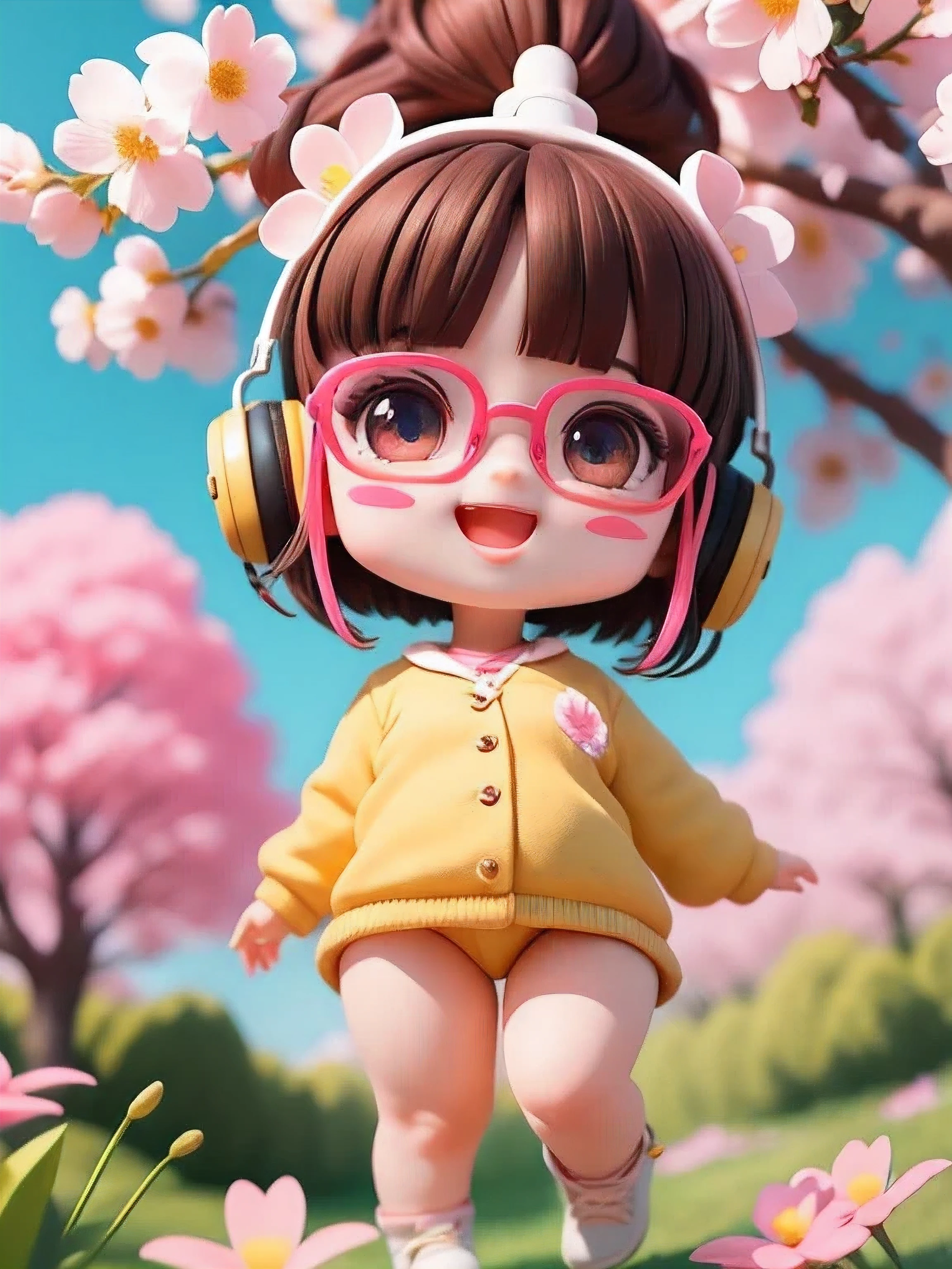 (masterpiece),(best quality),(super detailed), (whole body:1.2),
1 chubby girl,chibi,charming, Smile, open mouth,Cute fat flower, Outdoor sports, Model ponytail，Glasses，tree, :3, shirt, short hair, Cherry blossoms, Green tiara, vague, brown hair, Blush stickers, long sleeves, Bangs, earphone, black hair, pink flower,
(Beautiful and delicate face), (beautiful and delicate eyes),
 