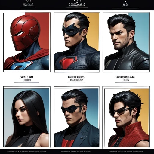 an image of a detailed character design sheet featuring a stylish superhero, with distinctive details about their powers, origin, and moral code