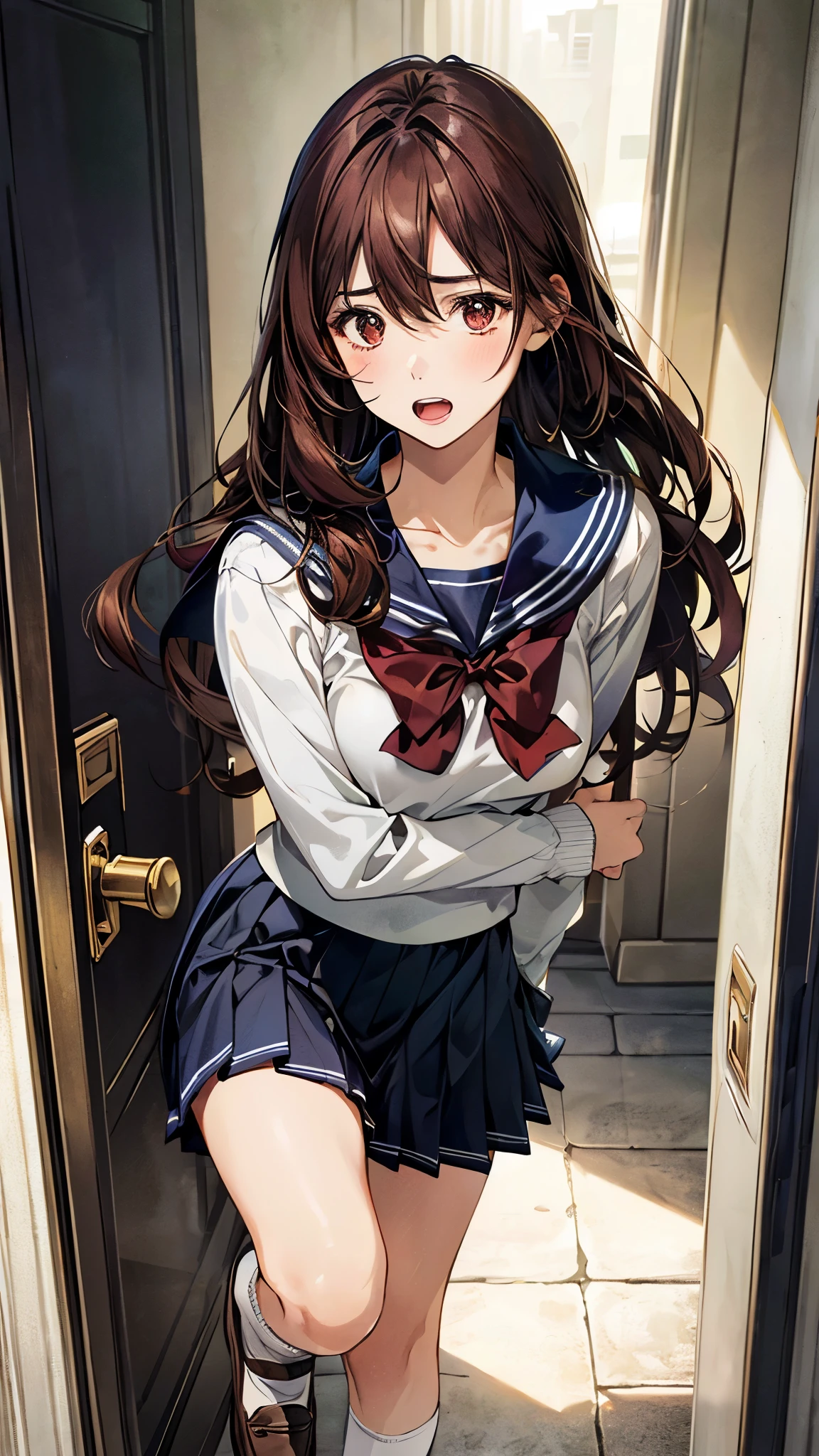(masterpiece:1.2, top-quality, ultra high res, ultra detailed), (realistic, photorealistic:1.4), beautiful illustration, (natural side lighting, movie lighting),
looking away, 1 girl, japanese, high school girl, perfect face, (perfect anatomy), cute and symmetrical face, shiny skin, slender,
(long hair:1.2, straight hair:1.5, red brown hair), hair between eyes, swept bangs, red hair clip, dark brown eyes, drooping eyes, big eyes, long eye lasher, (medium breasts),
beautiful hair, beautiful face, beautiful detailed eyes, beautiful clavicle, beautiful body, beautiful chest, beautiful thigh, beautiful legs,
((detailed cloth texture, long sleeves light grey sailor suit, kight purple pleated skirt, white sailor collar, dark green bow tie, white socks, brown loafers)),
(beautiful scenery), depth of field, morning, (outside entrance, open entrance door), running, (surprised, open mouth),