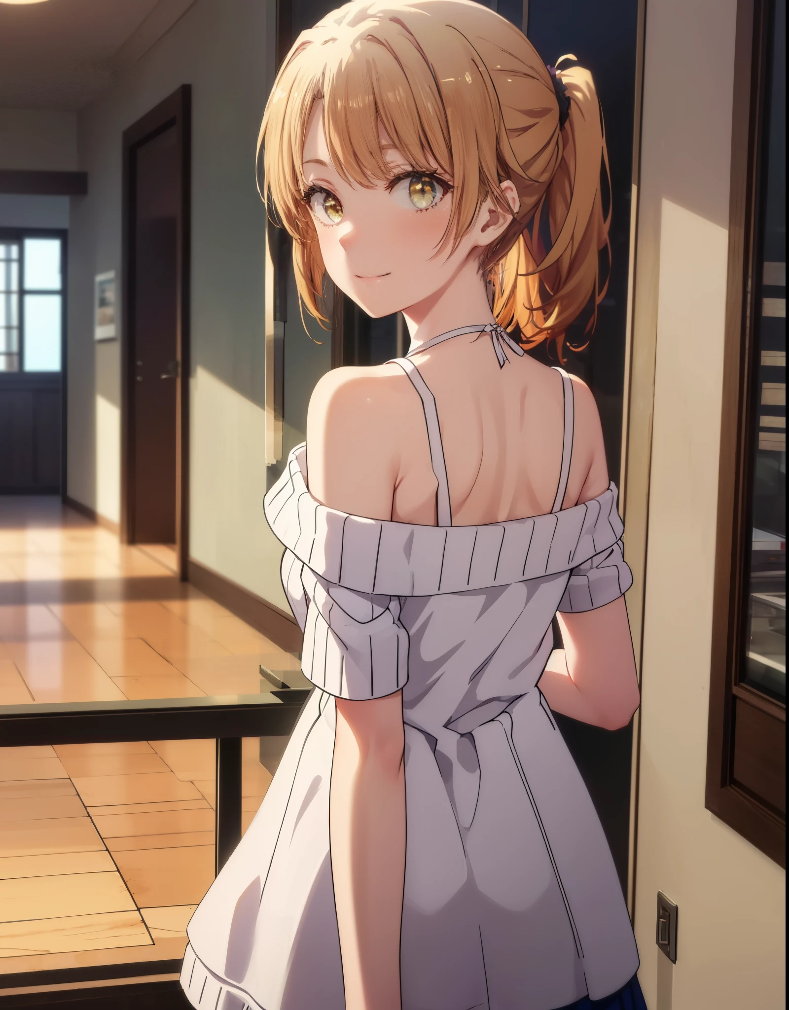 irohaisshiki, Isshiki Iroha, 1people々woman,long hair, brown hair, ponytail,(brown eyes:1.5), smile,blush,night,moonlight off shoulder sweater,bare shoulders,bare clavicle,naked neck,long skirt,barefoot,entrance,put your hands behind your back,
break indoors ,apartment,indoor entrance,
break looking at viewer, whole body,Upper body(cowboy shot:1. 5)
break (masterpiece:1.2), highest quality, High resolution, unity 8k wallpaper, (shape:0.8), (beautiful and detailed eyes:1.6), highly detailed face, perfect lighting, Very detailed CG, (perfect hands, perfect anatomy),
