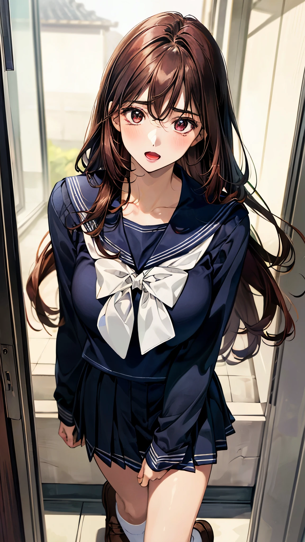 (masterpiece:1.2, top-quality, ultra high res, ultra detailed), (realistic, photorealistic:1.4), beautiful illustration, colorful, (natural side lighting, movie lighting),
looking away, 1 girl, japanese, high school girl, perfect face, (perfect anatomy), cute and symmetrical face, shiny skin, slender,
(long hair:1.2, straight hair:1.5, red brown hair), hair between eyes, swept bangs, red hair clip, dark brown eyes, drooping eyes, big eyes, long eye lasher, (medium breasts),
beautiful hair, beautiful face, beautiful detailed eyes, beautiful clavicle, beautiful body, beautiful chest, beautiful thigh, beautiful legs,
((detailed cloth texture, long sleeves light grey sailor suit, kight purple pleated skirt, white sailor collar, dark green bow tie, white socks, brown loafers)),
(beautiful scenery), depth of field, morning, (outside entrance, open entrance door), running, (surprised, open mouth),