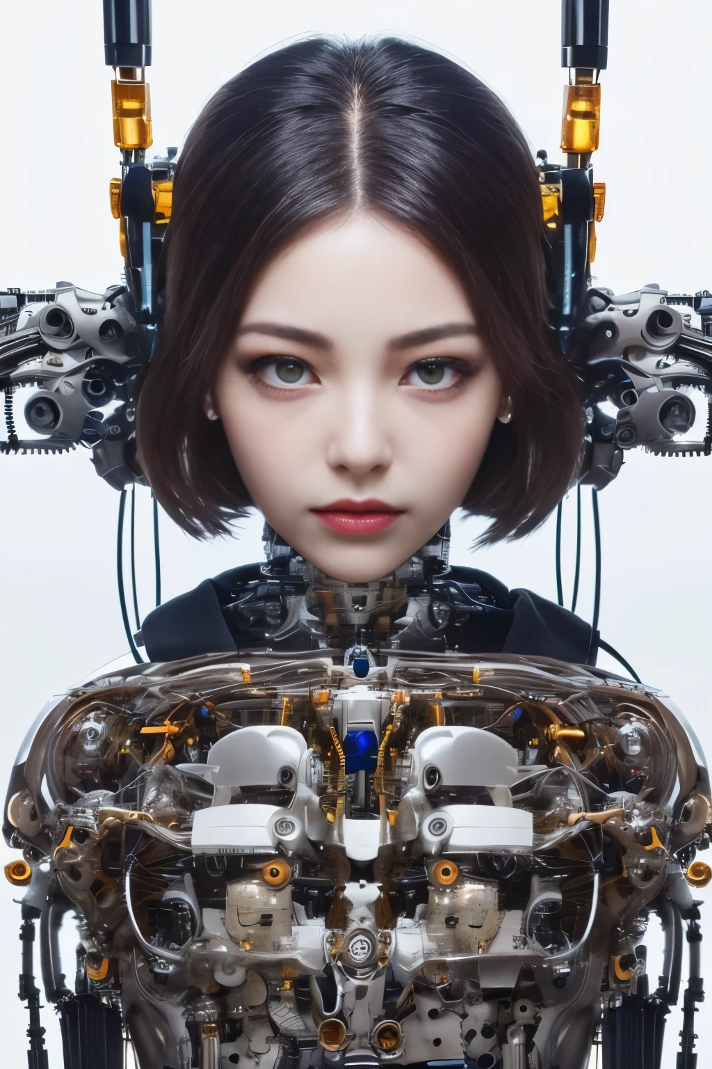 NSFW(((masutepiece))), (((Best Quality))), ((Ultra-detailed)), (extremely detailed photo), ((extremely delicate and beautiful)),(Cute delicate face),Cinematic Light,((one Mechanical Girl and expressionless:2)),Solo,Full body,(Machine-made jointachanical limbs)),((Sitting)),deadpan,(Many wires and cables to attach to the head and body:1.5),(Character Focus),Science fiction,(beautiful face and eye, double eyelid,delicate skin,slender body shape)