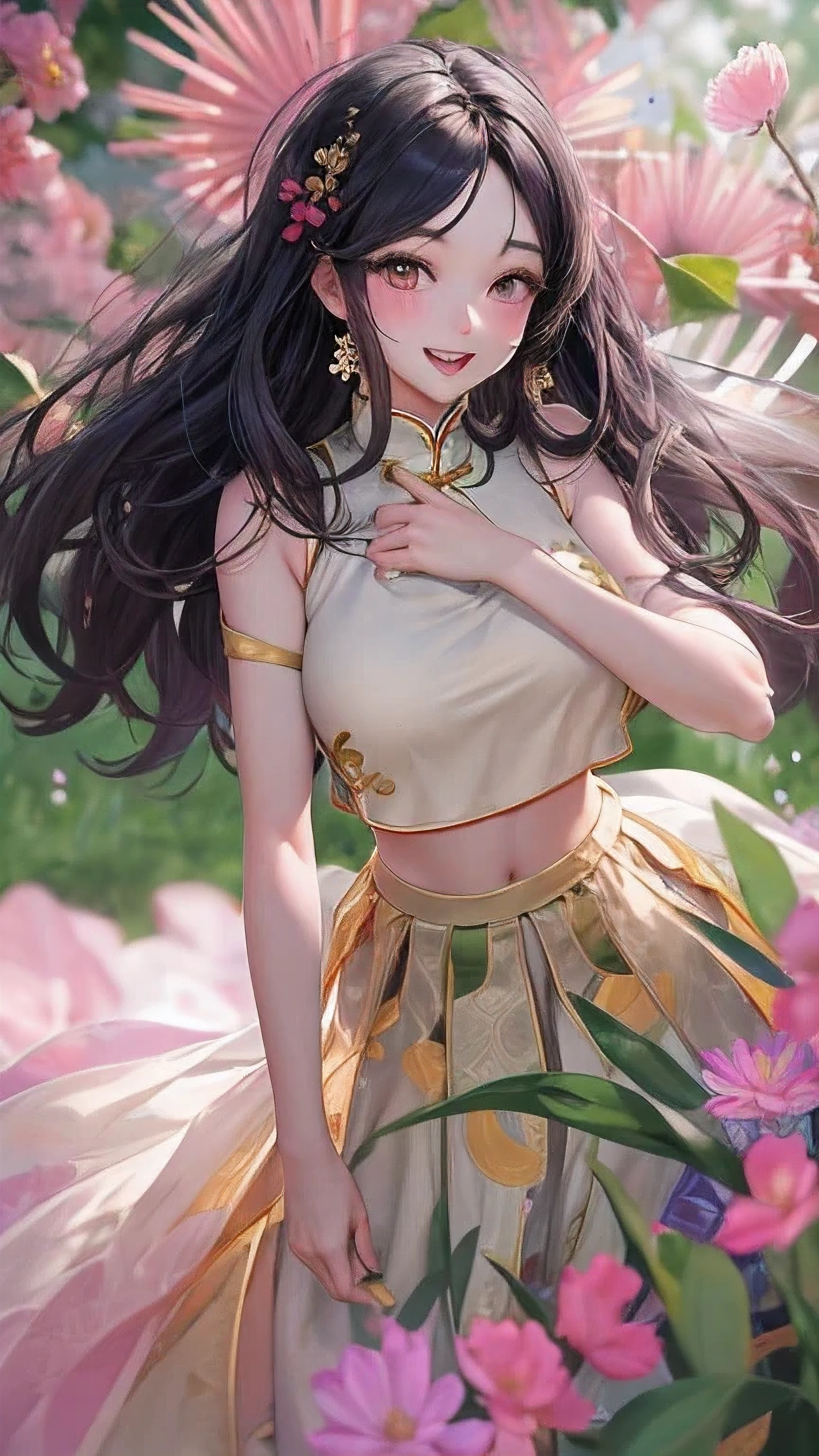 actual, 1 Chinese Fan Bingbing girl, black hair, big eyes, Smile,open mouth,glowing eyes, crop top, skirt, open lips, blush, night, flowers, sun, sunlight,