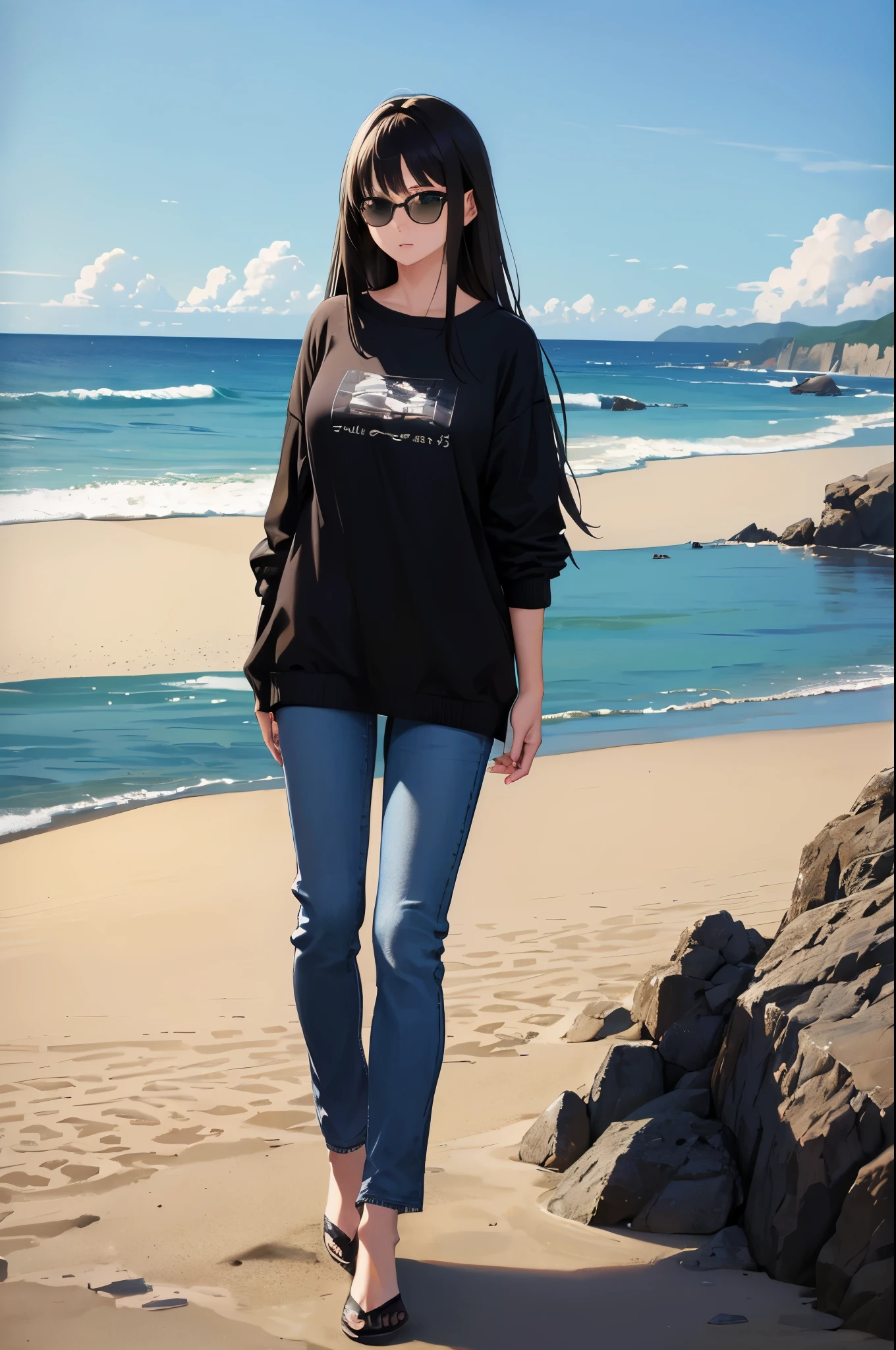 1 girl, mature woman, green eyes、black long hair、casual clothes、wearing sunglasses、blue sweater、long pants、bow, highest quality, hire, detailed face, along the coast、pose on the beach、 detailed background, Depth of written boundary, Bokeh