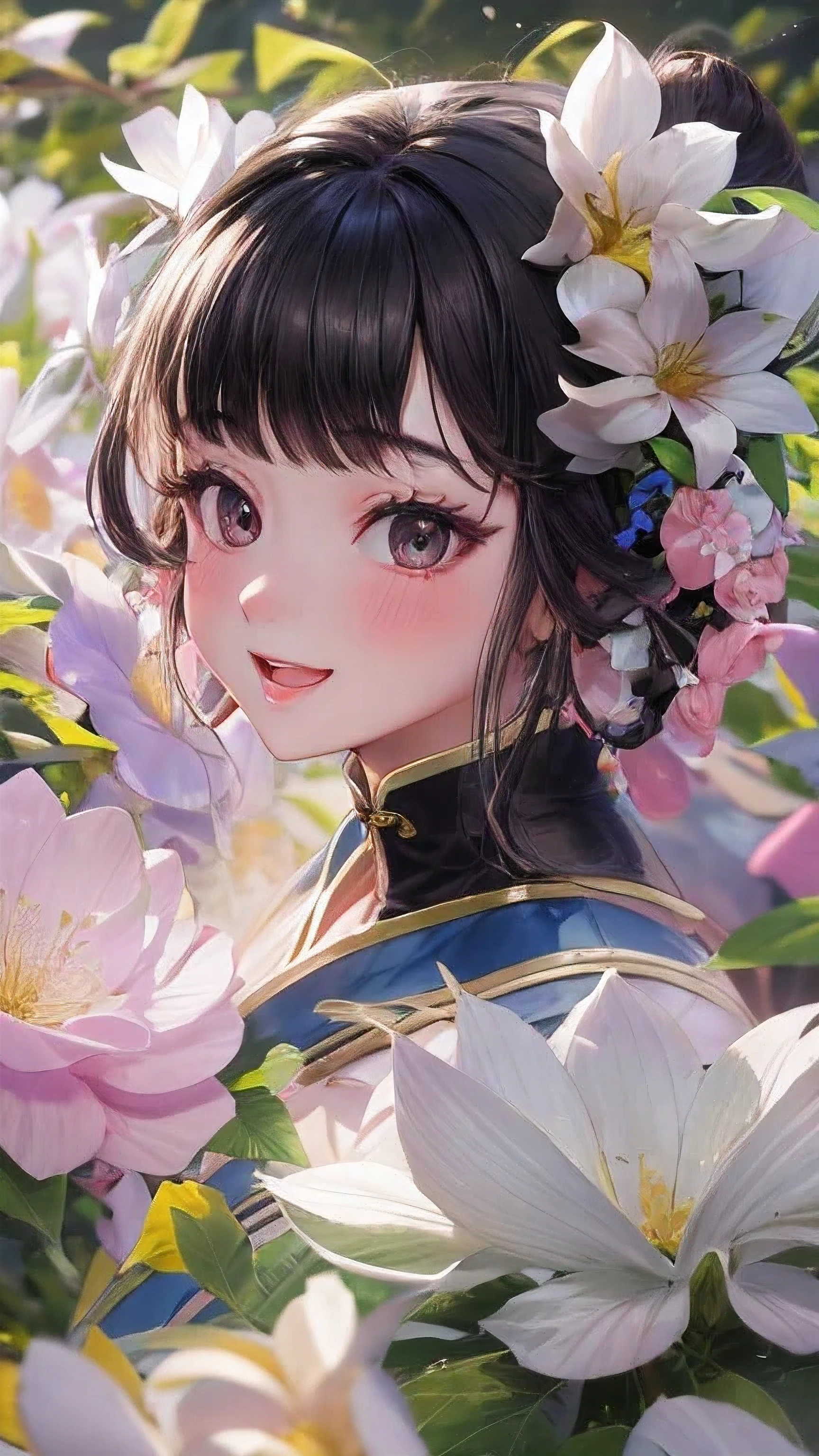 actual, 1 Chinese Fan Bingbing girl, black hair, big eyes, Smile，open mouth，glowing eyes, crop top, skirt, open lips, blush, night, flowers, sun, sunlight,