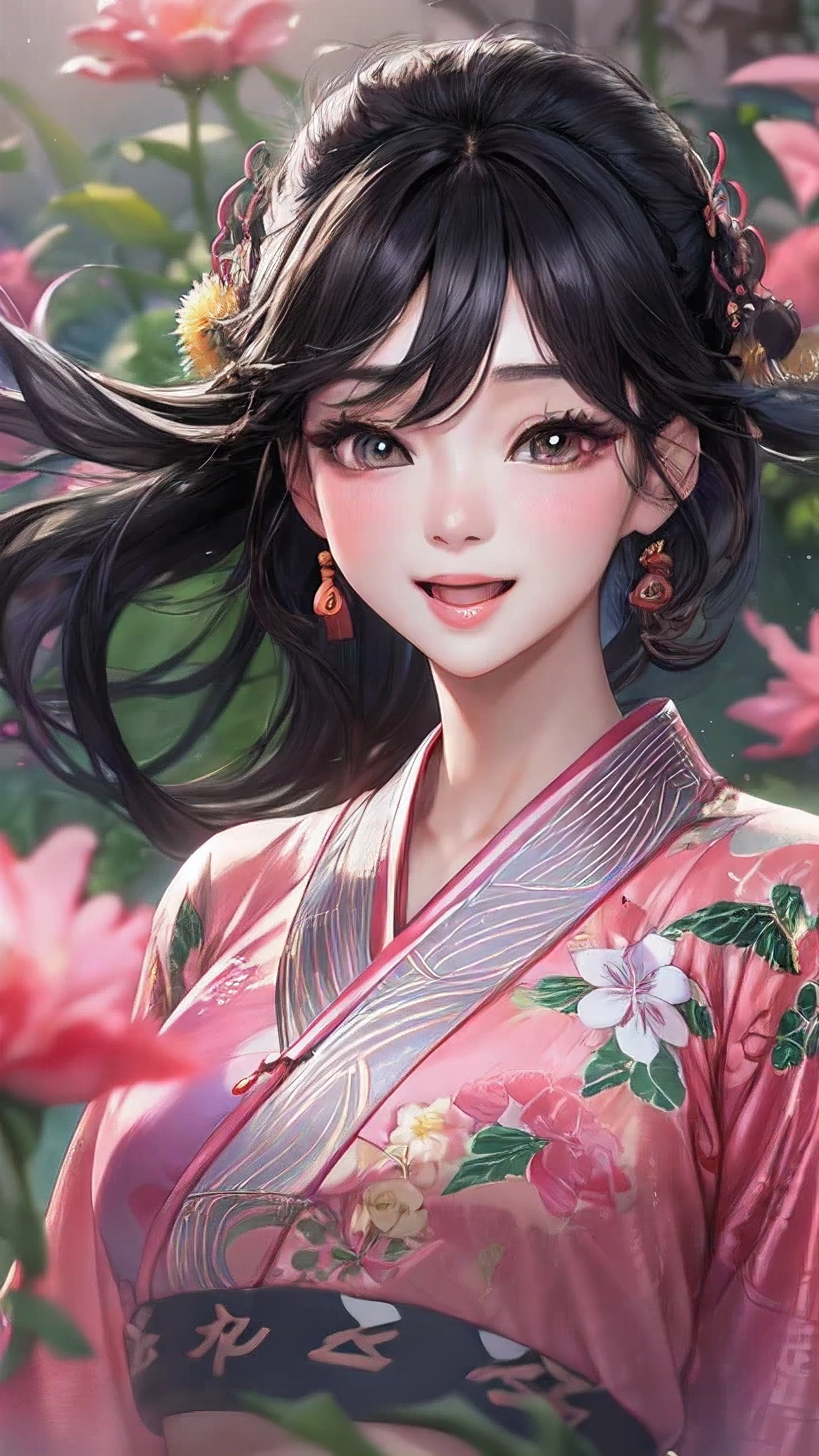 actual, 1 Chinese Fan Bingbing girl, black hair, big eyes, Smile，open mouth，glowing eyes, crop top, skirt, open lips, blush, night, flowers, sun, sunlight,