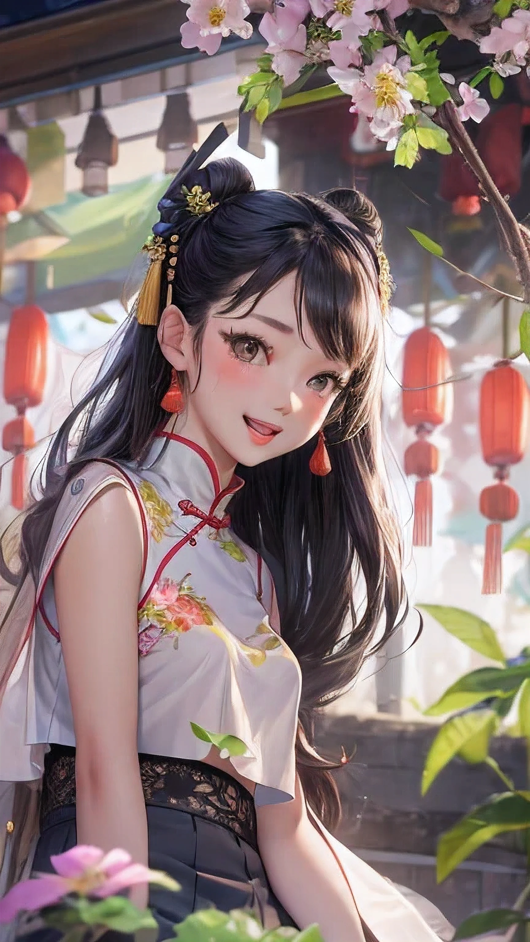 actual, 1 Chinese Fan Bingbing girl, black hair, big eyes, Smile，open mouth，glowing eyes, crop top, skirt, open lips, blush, night, flowers, sun, sunlight,