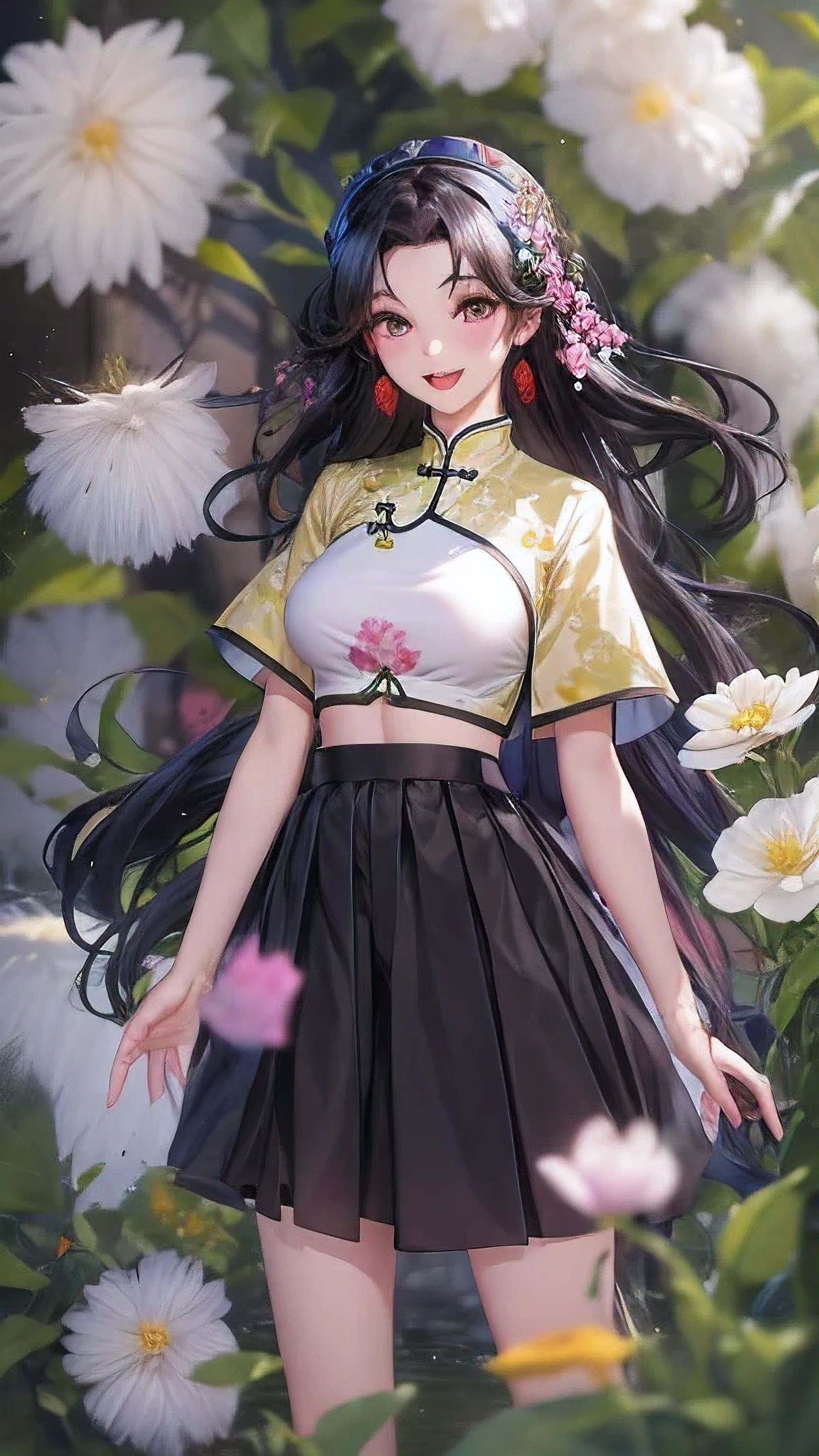 actual, 1 Chinese Fan Bingbing girl, black hair, big eyes, Smile，open mouth，glowing eyes, crop top, skirt, open lips, blush, night, flowers, sun, sunlight,