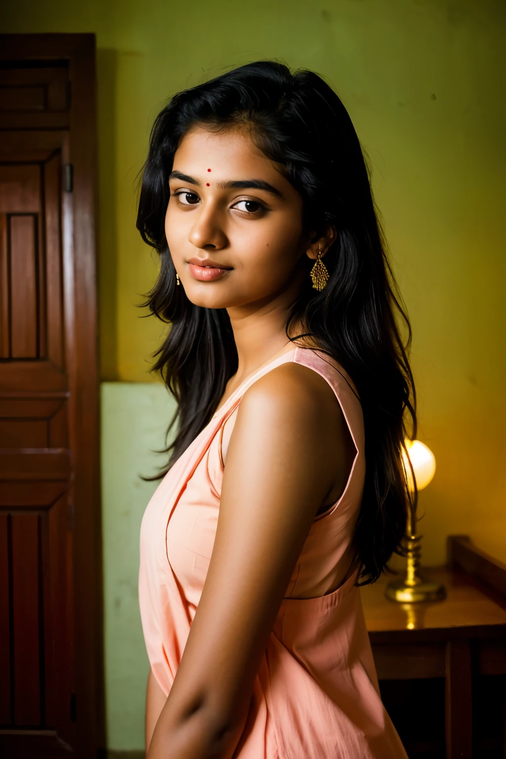 photography of a 20yo woman, perfect face, masterpiece, mallu realistic girl in chiridar kerala room