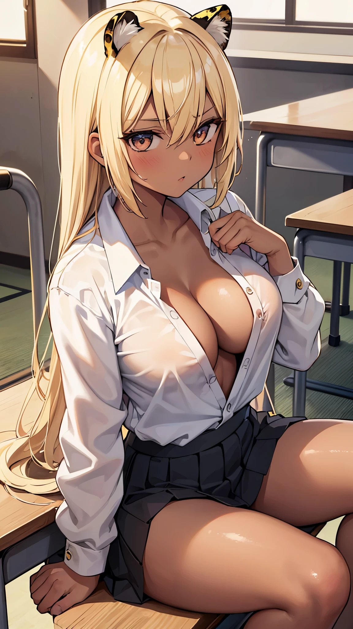 1 girl, (dark skin), (big breasts), (Japanese high school uniform), (Japanese delinquent), (blond hair with black roots), (shirt unbuttoned revealing chest), (leopard print) underwear), (leopard print underwear visible from the skirt), (school classroom), sitting on a chair