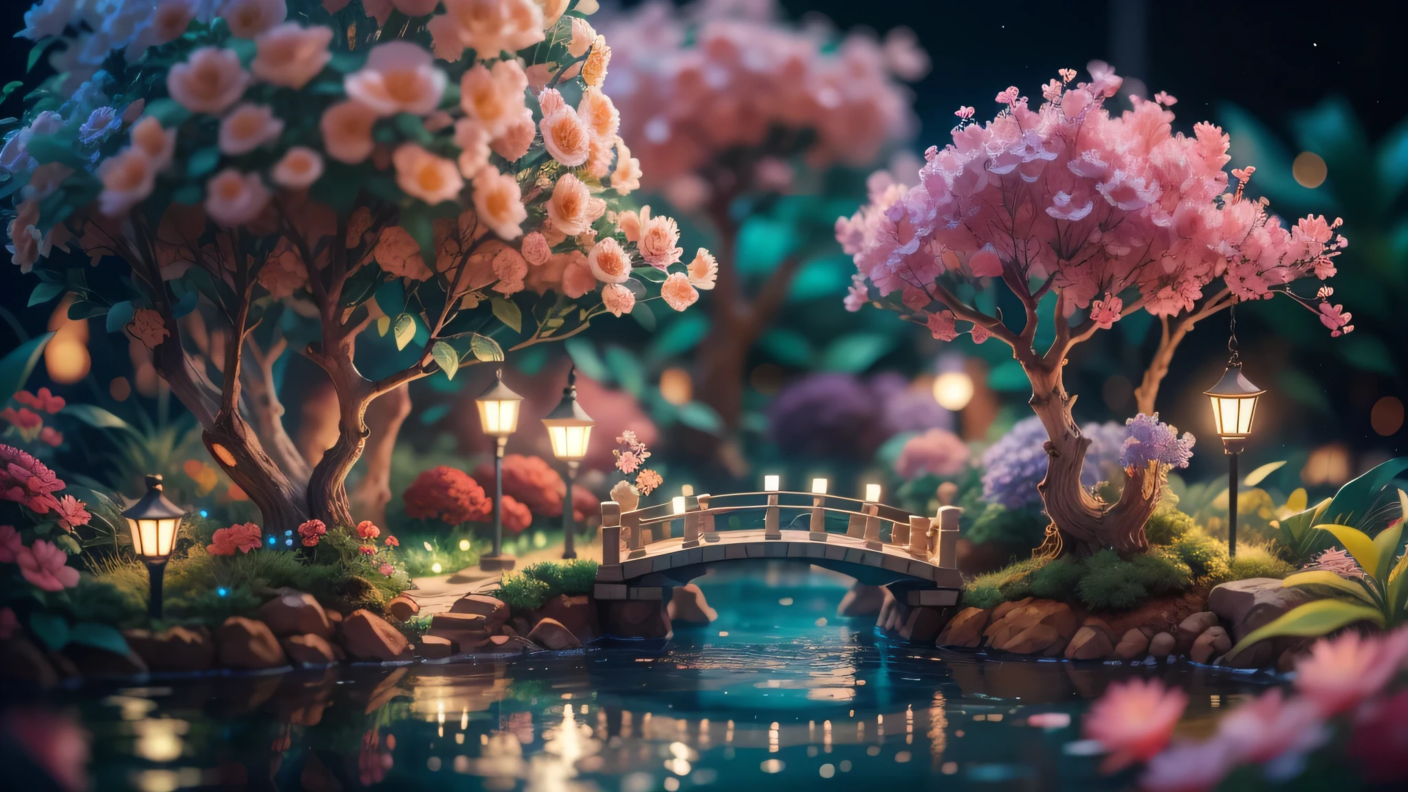 Magic garden miniature scene, Delicate flowers and softly lit branches,, Illuminated by happy smiling miniatures. 8K Autorealist,on the water,clear water、relaxing cafe