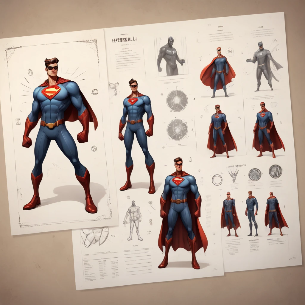 High resolution, high quality, masterpiece. character design sheet. A stylish superhero (a stylish comic book superhero), with distinctive details about his powers, origin and moral code, with hyperrealism, surreal elements and impeccable composition,
Information