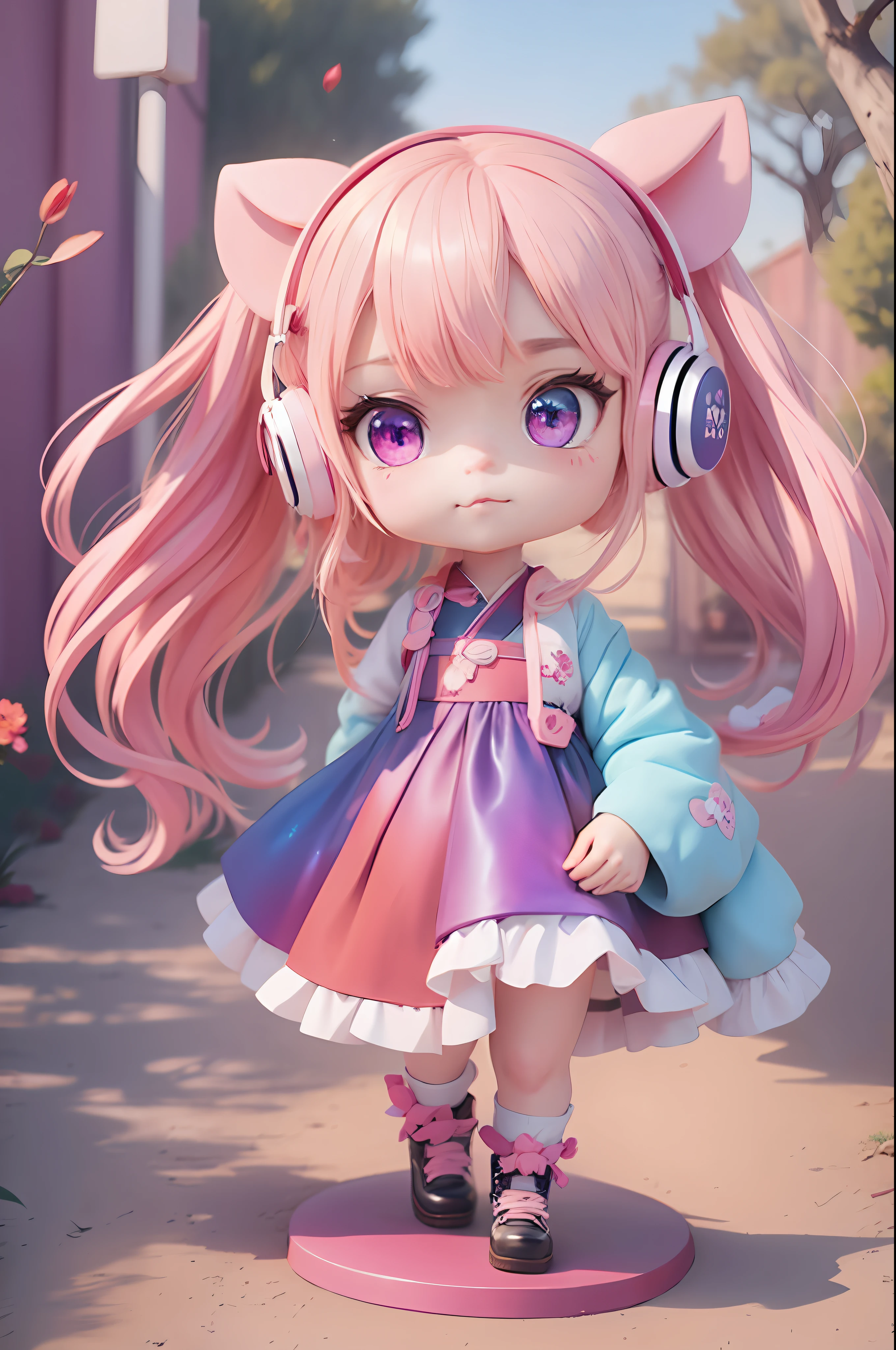 ,chibi, 1girl, One, backpack,  blush ,  looks at the viewer, shoes, bag,  Purple hair,  full body,  long hair ,  hair ornament ,  dress , hood,  pink eyes , twintails, белая shoes,  duration ,    