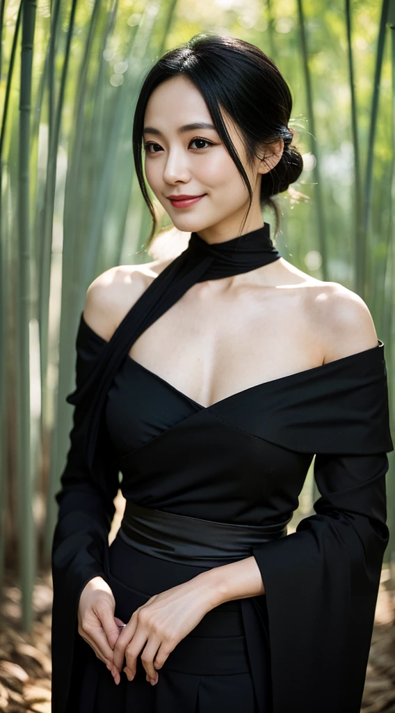 NSFW, ((Best quality, 8k, Masterpiece: 1.3)), (Reality: 1.4), Ultra high resolution, Photorealism, (In nature), (Bamboo forest), (Single stone pavement), (Between bamboo light shining in), (one Japanese woman), ((head, chest, upper body)), ((forward)), age 43, ((looks up at the sky)), (gentle personality), ((Smiling calmly)), (wrinkles at the corners of the eyes), black hair, straight medium-length, mourning clothes, (black dress), ((long skirt)), ((tight silhouette)), (black pantyhose), (black high heels) ),