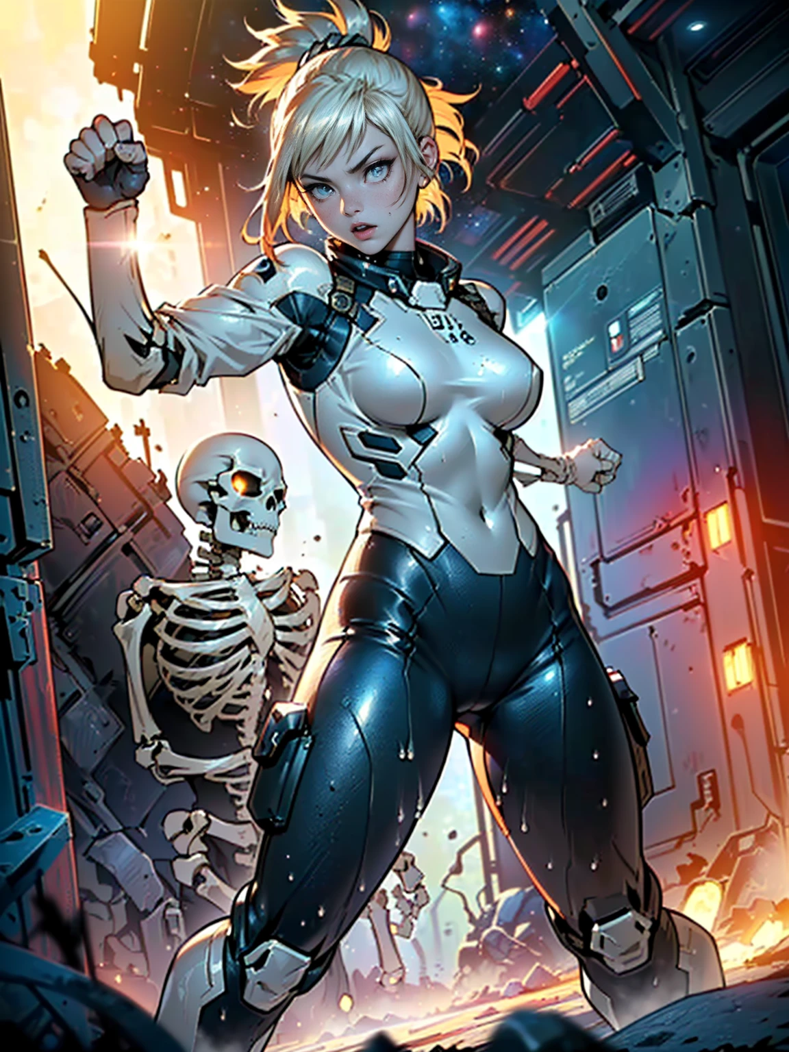 (((1woman, (solo, 1girl, alone), kohaku, blonde hair, blue eyes, tied hair), pink lipstick, Extremely detailed, ambient soft lighting, 4k, perfect eyes, a perfect face, perfect lighting, a 1girl)), austere, ((((galaxy, Space Detective, woman, (female external skeleton), (red and black combat suit, fighting pose), wasteland, action scene, action pose, masterpiece, rich colors, Backlight, beautiful expression, fantasy art, character art, metallic red and silver combat suit)), wet body, ((fitness)), standing, Beautiful))