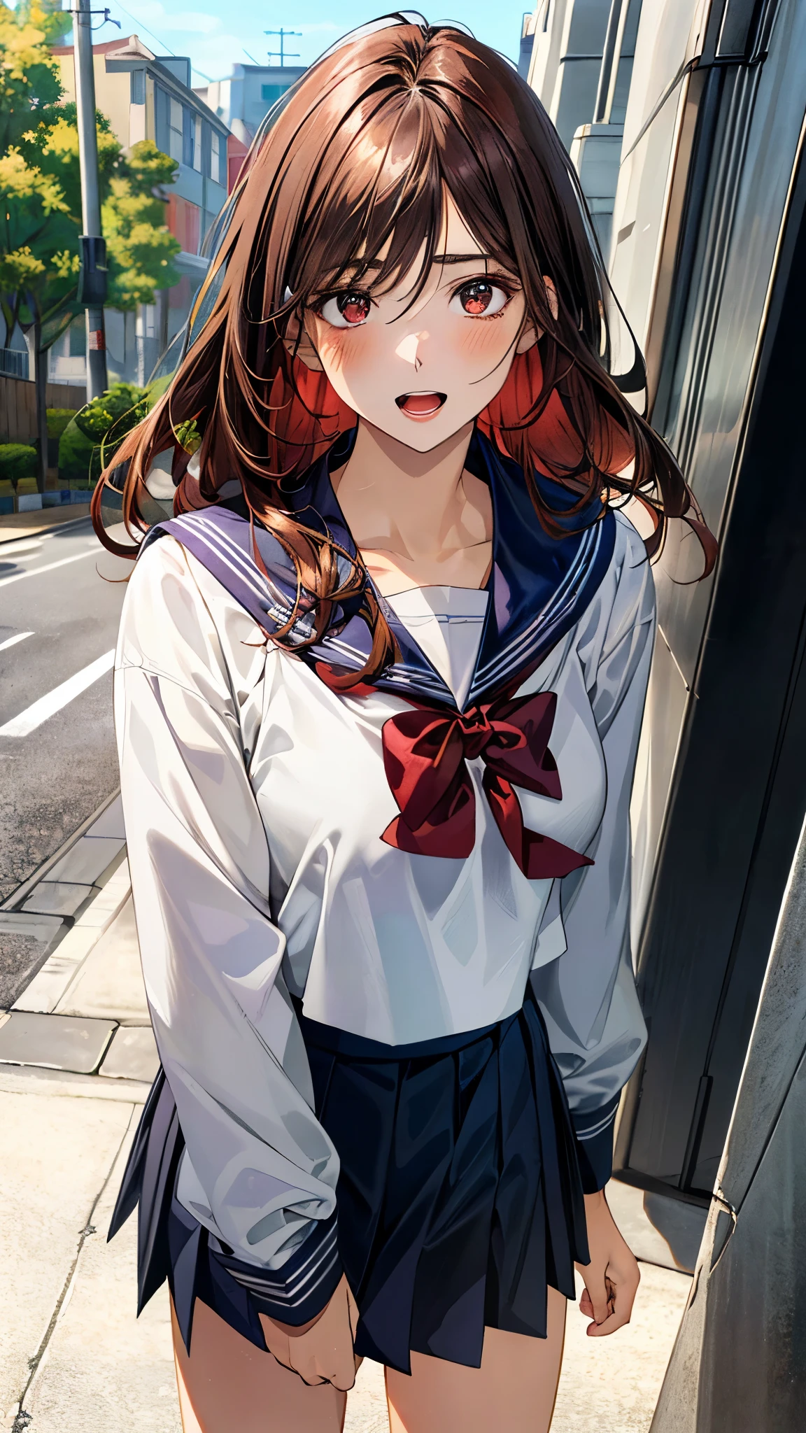 (masterpiece:1.2, top-quality, ultra high res, ultra detailed), (realistic, photorealistic:1.4), beautiful illustration, colorful, (natural side lighting, movie lighting), 
looking away, 1 girl, japanese, high school girl, perfect face, (perfect anatomy), cute and symmetrical face, shiny skin, slender, 
(long hair:1.2, straight hair:1.5, red brown hair), hair between eyes, swept bangs, red hair clip, dark brown eyes, drooping eyes, big eyes, long eye lasher, (medium breasts), 
beautiful hair, beautiful face, beautiful detailed eyes, beautiful clavicle, beautiful body, beautiful chest, beautiful thigh, beautiful legs, 
((detailed cloth texture, long sleeves light grey sailor suit, kight purple pleated skirt, white sailor collar, dark green bow tie, white socks, brown loafers)), 
(beautiful scenery), depth of field, morning, (outside entrance, open entrance door), running, (surprised, open mouth),