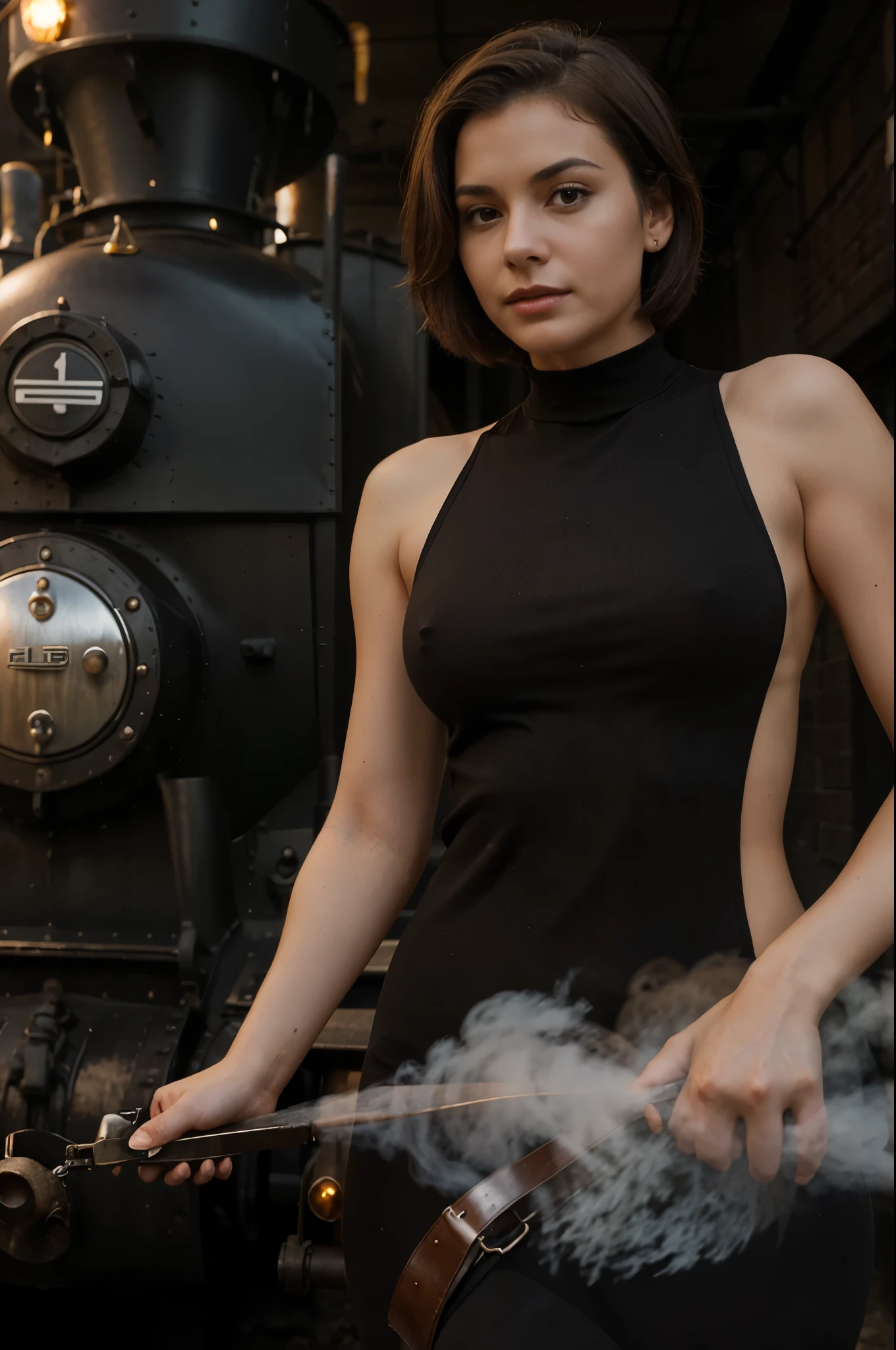 A woman with short brown hair and small breasts climbed onto a black steam locomotive with smoke