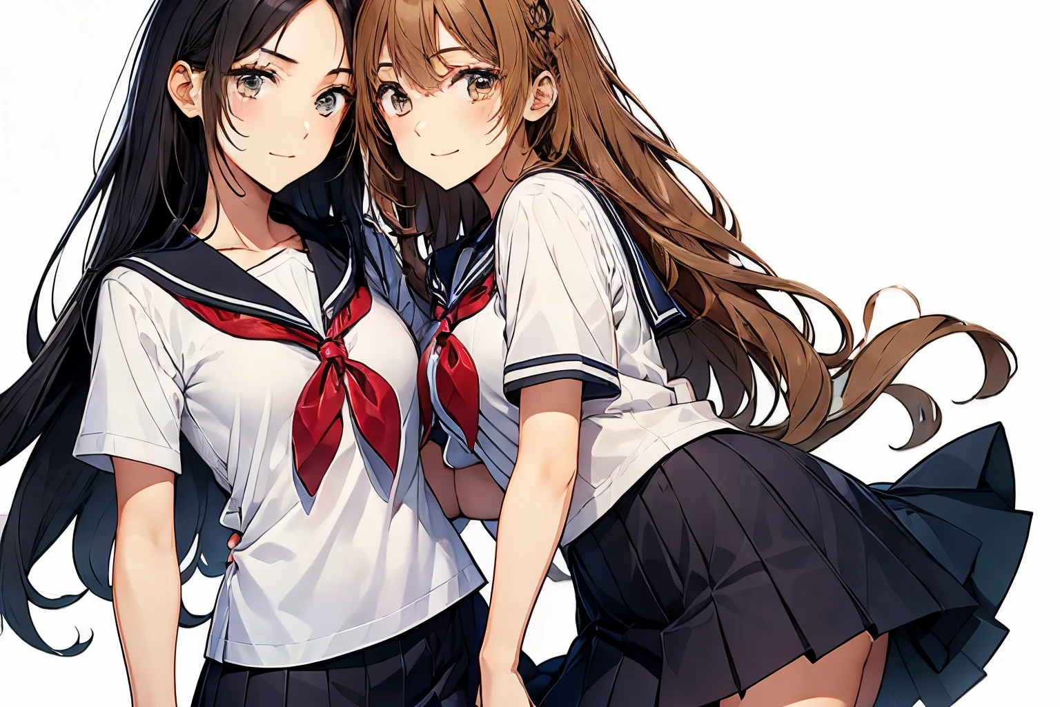(2girls),chyuri,((cuddling)),touch each other,friendly couple,(smile),full body,Japanese high school student, short sleeve sailor school uniform,
