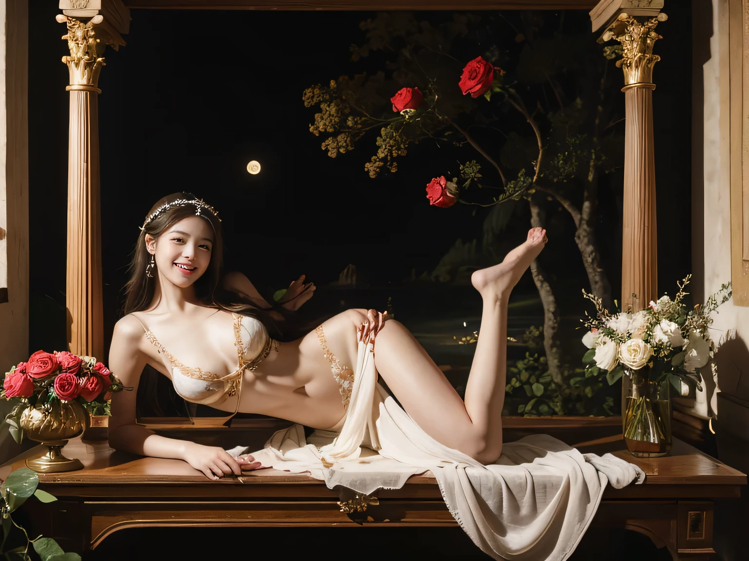 Giorgione painting style,Arguments of two female Philosophe,math、astronomical machine、astronaut、roses in vase、fruits、Cute trinkets、smile、ancient greek costume、Background is a forest lake at night 、Clothes that stretch your shoulders、A big smile、beautiful bare skin、A detailed representation of the seducing woman throughout her body.sexy