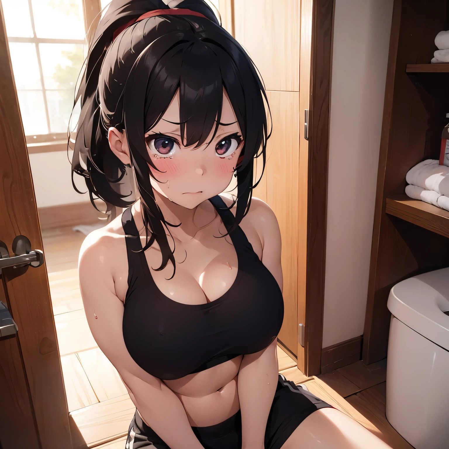 Girl with big breast wearing sports bra is shy ang angrier expression with red face hiding her breast and touching her breast while pooping on toilet and crying