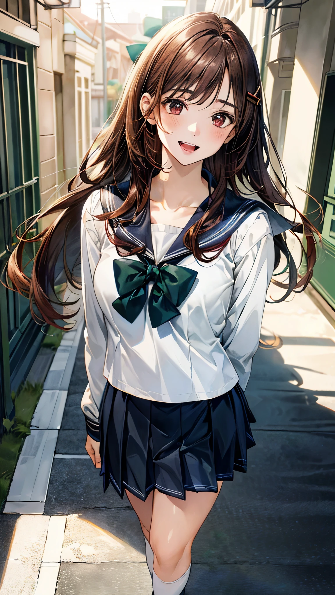 (masterpiece:1.2, top-quality, ultra high res, ultra detailed), (realistic, photorealistic:1.4), beautiful illustration, colorful, (natural side lighting, movie lighting),
looking away, 1 girl, japanese, high school girl, perfect face, (perfect anatomy), cute and symmetrical face, shiny skin, slender,
(long hair:1.2, straight hair:1.5, red brown hair), swept bangs, red hair clip, dark brown eyes, drooping eyes, big eyes, long eye lasher, (medium breasts),
beautiful hair, beautiful face, beautiful detailed eyes, beautiful clavicle, beautiful body, beautiful chest, beautiful thigh, beautiful legs,
((detailed cloth texture, long sleeves grey sailor suit, grey pleated skirt, ((white sailor collar)), dark green bow tie, white socks, brown loafers)),
(beautiful scenery), depth of field, evening, (school hallway), standing, arms behind back, (happy smile, upper eyes, open mouth),