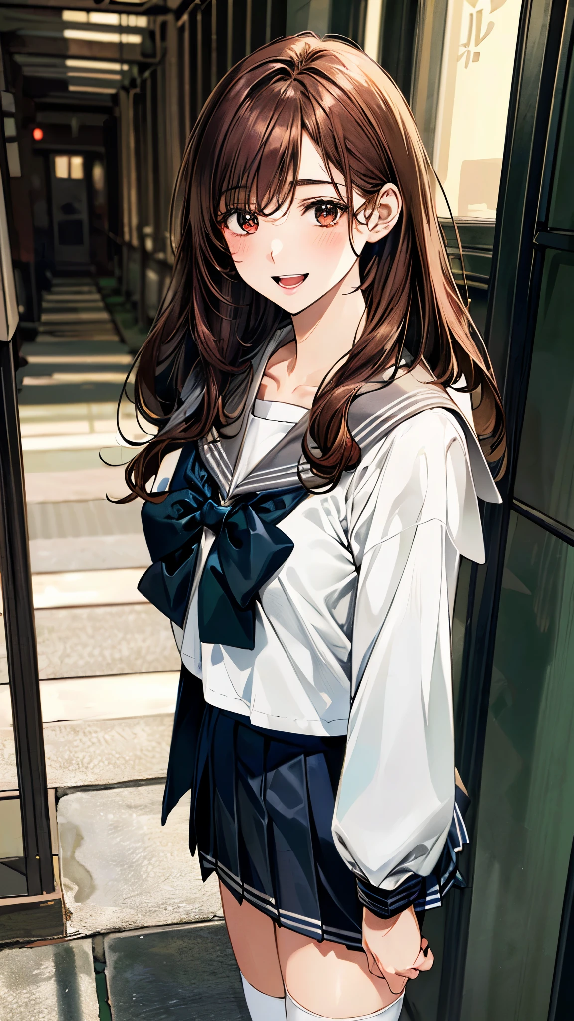 (masterpiece:1.2, top-quality, ultra high res, ultra detailed), (realistic, photorealistic:1.4), beautiful illustration, colorful, (natural side lighting, movie lighting),
looking away, 1 girl, japanese, high school girl, perfect face, (perfect anatomy), cute and symmetrical face, shiny skin, slender,
(long hair:1.2, straight hair:1.5, red brown hair), swept bangs, red hair clip, dark brown eyes, drooping eyes, big eyes, long eye lasher, (medium breasts),
beautiful hair, beautiful face, beautiful detailed eyes, beautiful clavicle, beautiful body, beautiful chest, beautiful thigh, beautiful legs,
((detailed cloth texture, long sleeves grey sailor suit, grey pleated skirt, ((white sailor collar)), dark green bow tie, white socks, brown loafers)),
(beautiful scenery), depth of field, evening, (school hallway), standing, arms behind back, (happy smile, upper eyes, open mouth),