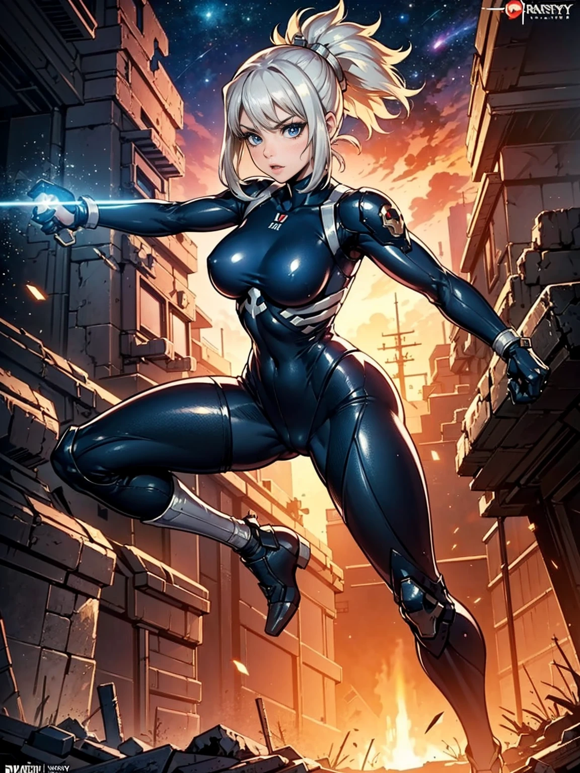 (((1woman, (solo, 1girl, alone, back), kohaku, blonde hair, blue eyes, tied hair), pink lipstick, Extremely detailed, ambient soft lighting, 4k, perfect eyes, a perfect face, perfect lighting, a 1girl)), austere, ((((galaxy, Space Detective, woman, (female external skeleton), (red and black combat suit, fighting pose), wasteland, action scene, action pose, masterpiece, rich colors, Backlight, beautiful expression, fantasy art, character art, metallic red and silver combat suit)), wet body, ((fitness)), standing, Beautiful))