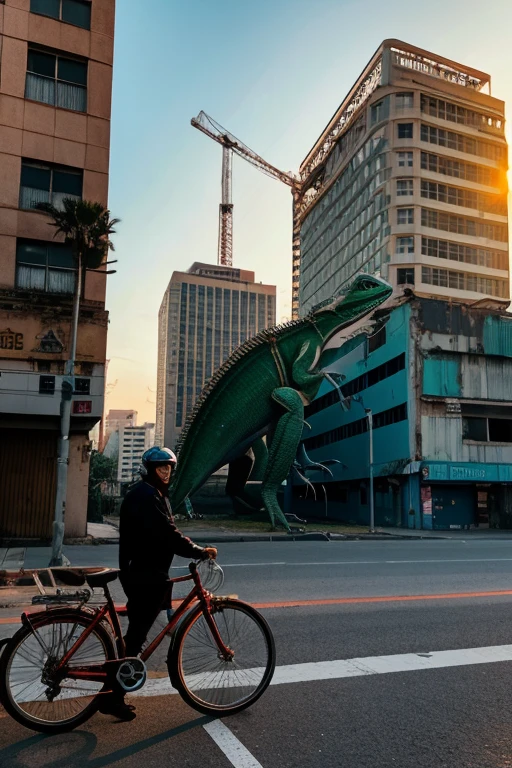 Giant mechanical lizard, abandoned building in background, sunset
