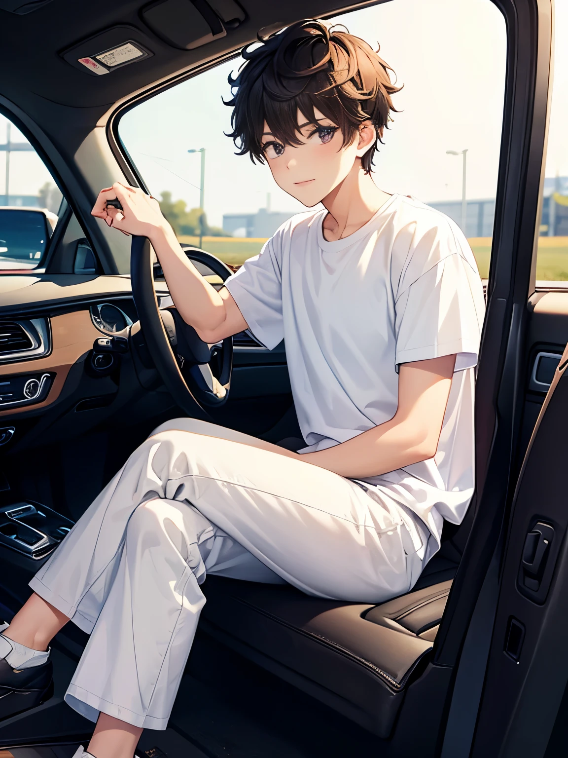 1boy,guy,Driving a car, black car, full body photo,18 years old,Curly hair,medium hair,undercut hairstyle,full body photo,light brown hair,Plain t-shirt, white t-shirt,white trousers,ultra detail,masterpiece