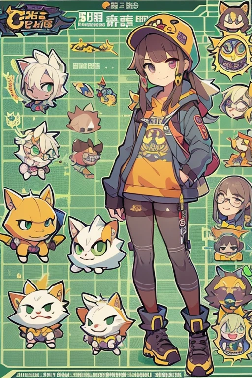 Boyish girl and creepy cute monster buddy、anime-like、Adventurer、A determined smile、Brown hair with light blue mesh、Monocle with analytical ability、Sporty、Emblem with the Ouroboros ring motif、cap with cat ears、He is equipped with a mechanical gauntlet on his right hand.、orange hoodie、Knee guard、lace up boots、One Shoulder Bag、16 years old。character design sheet、The monster is inspired by Giger.、ExpeditionStyle、Monster is mshn robo style、Card game style