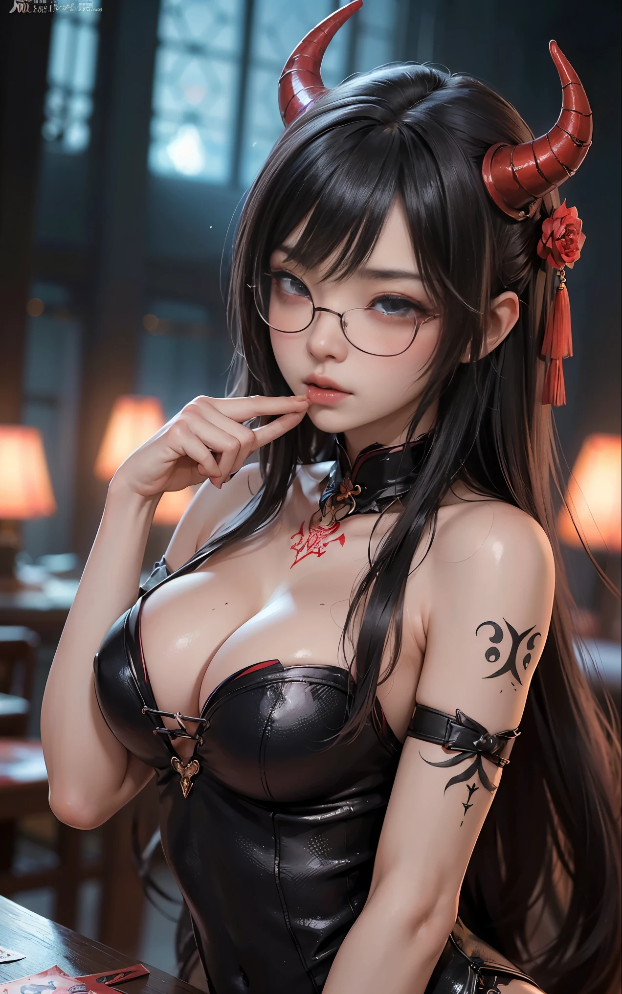 Understoodですかですか、(best illustrations)、8k UHD resolution、intricate details、highest quality、realistic、Super detailed、best lighting、best shadow、soft lighting、ultra hd、超realistic、Tyndall effect、Photoreal、(high detail skin:1.2)、 (intricate details, compensate, face to face with the children_v1:0.5), (Understood, beautiful and delicate face, Understoodですか, beautiful and delicate eyes, perfectly proportioned face, high resolution skins, fine skin, Optimal ratio of 4 fingers and 1 thumb, arm under chest, red tattoo on lower abdomen、Wow wow, wide hips, smooth abdomen, thin and thin skin, __fashion__, __hair__:1.25)、Digital single-lens reflex camera、 absurd、(table top: 1.3), (maximum resolution: 1.2), (ultra hdTV: 1.2), cinematic light, fine eyes and skin, detailed facial features, , (sharp focus: 1.2), (focus on the face:1.2),perfect style, beautiful face, acura, anatomically correct, Highly detailed face and skin texture, fine eyes, double eyelid, thin eyebrows, glitter eyeliner: 1 natural cheeks, Glossy skin, Fair skin: 1.2, (glossy lips: 1.4),(embarrassed look: 1.2),Highly detailed face and skin texture, fine eyes, double eyelid, natural cheeks, glossy lips: 1.4,exposed cleavage、Bewitching。charm、 Beautiful devil woman from hell, デヴィッド・ホックニーとアルフォンス・ミュシャによる超realistic女性の肖像画, charm女性の肖像画、fantasy art, Chinese humanoid robot、chinese actress、dungeon、dragon、devil'palace of、devil'torture chamber、night、dark style 、in the dark、(detailed spooky background:0.8), magic、 1 girl、evil nun、dark necromancer、Succubus、devil'Daughter of、Shinonome Umi、bat wings,(((devil'Horn)))、 ((((giant glasses, otaku glasses, thick glasses, round glasses)))),(((big breasts)))、(devil'tail)、(red eyesは光り輝いて:1.6)、red eyesは非常に鮮明で詳細です, your eyes are so beautifully made, ((red eyes:1.0)),intricate tattoo, demonic intricate tattoo, thigh tattoo, body tattoo, masterpiece、最もbeautiful face、baby face、cute smile、beautiful plump red lips、筋肉のcharm体、devilのcharm体、devil style、charmブラックマジックコスチューム、The long-haired、Braid、Black hair、Ponytail distortion、, Ponytail with a bow tied at the back of the hair, beautiful expression、body up、big breasts強調、bust, super tight chest, Breast augmentation surgery, Breasts are very big and round,tight waist、wide ass、 secret key, cowboy lens, (black phoenix dress: 1.0), devil crown, Red Gemstone Necklace、Jewelry G Wise, Please wear black mesh socks,wearing light red、nffsw, nffsw, Meeting beautiful girls, look at the girl'Main body,