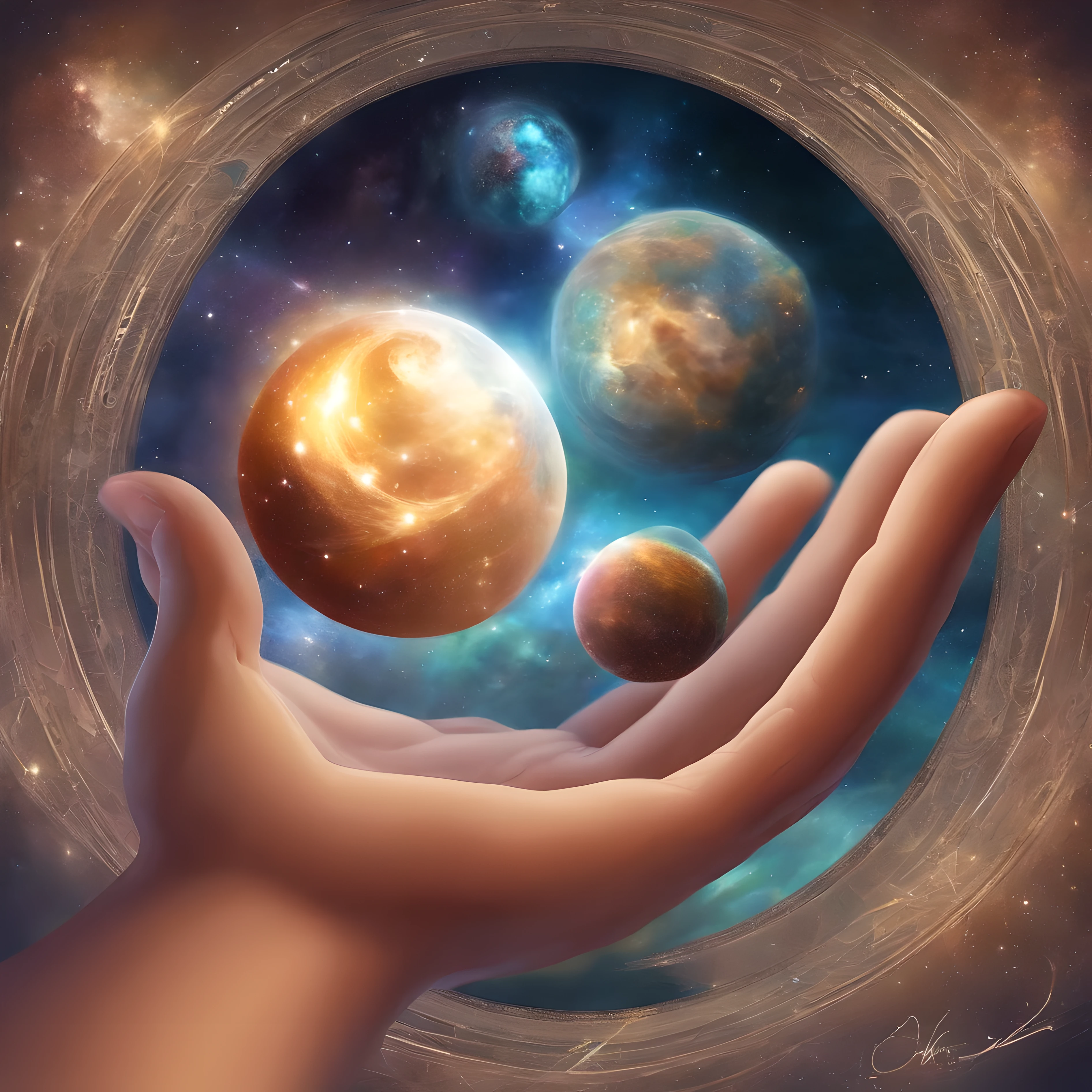 the universe inside of hand, hands holding the universe, realistic. high quality, ominous