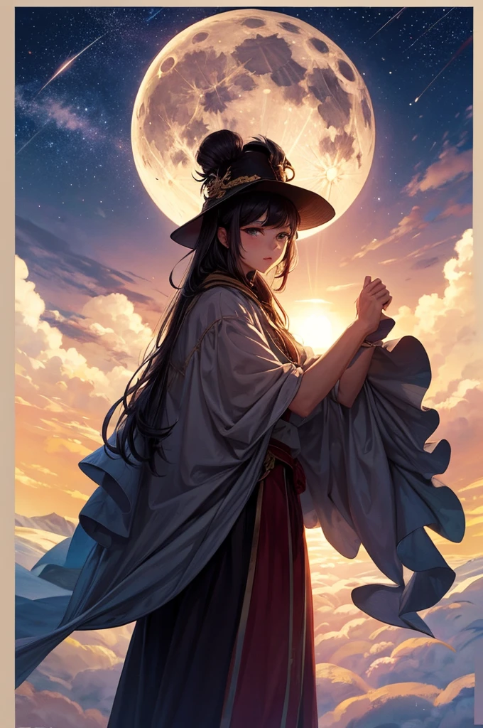 highest quality,big moon and shadow,A silhouette of a person can be seen against the background of the big moon.,There is one full moon,There is a mood,beautiful scenery,starry sky