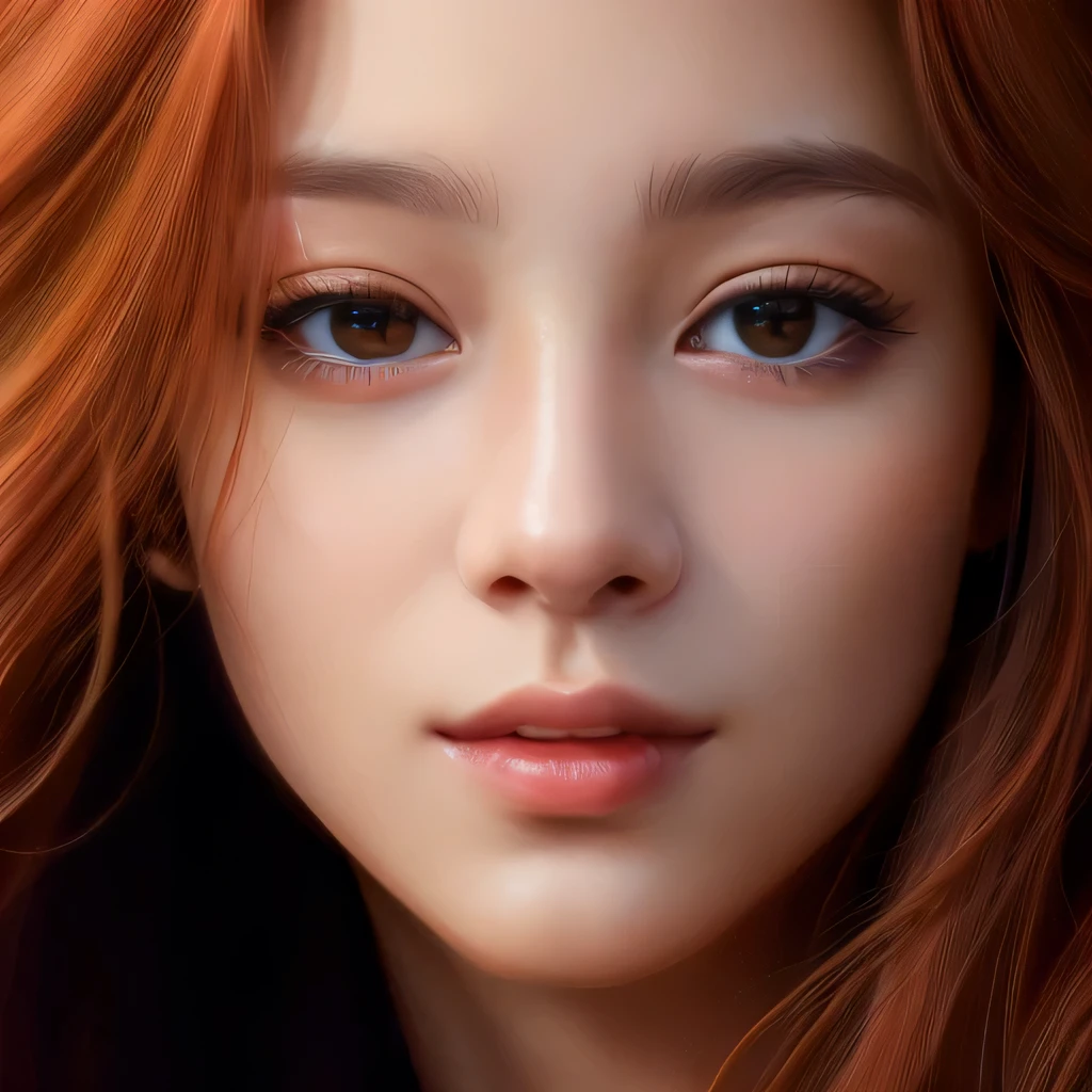 a close up of a woman with long red hair and a black shirt, photorealistic beautiful face, hyperrealistic beautiful face, beautiful realistic face, photorealistic digital painting, realistic beautiful face, realistic portrait photo, realistic digital painting, very realistic digital art, portrait jisoo blackpink, ultra - realistic faces, realistic. cheng yi, hyper realistic faces