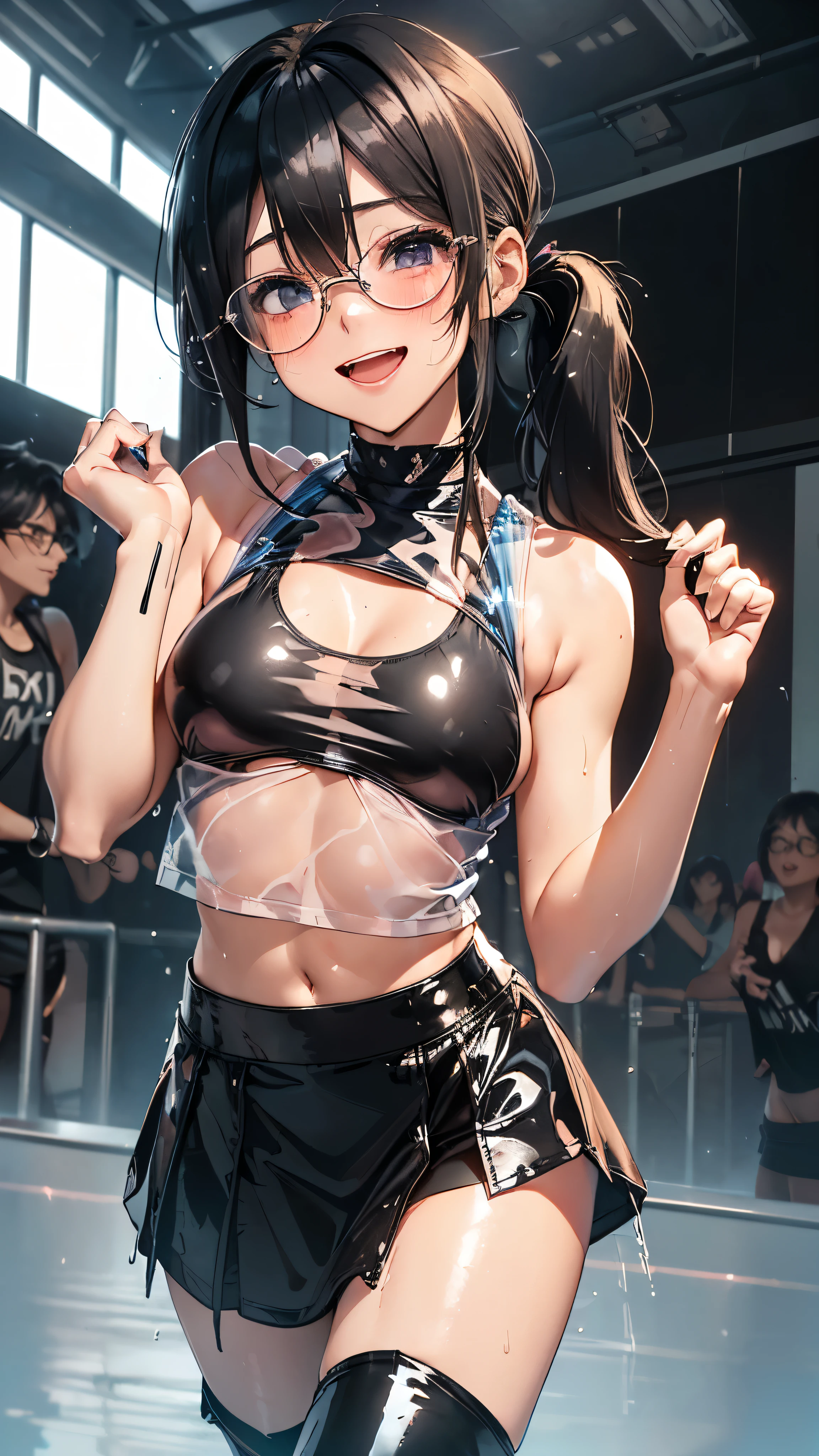 1 female,black hair,25 years old,(((blue shiny micro tight skirt)))((white tank top))(((blush、open mouth smile)),(((straight hair))),(((portrait))),crowd,,(wet with sweat)(sexy black bra and see-through tank top)(Glasses)(((small breasts)))((low ponytail))leather thigh high boots