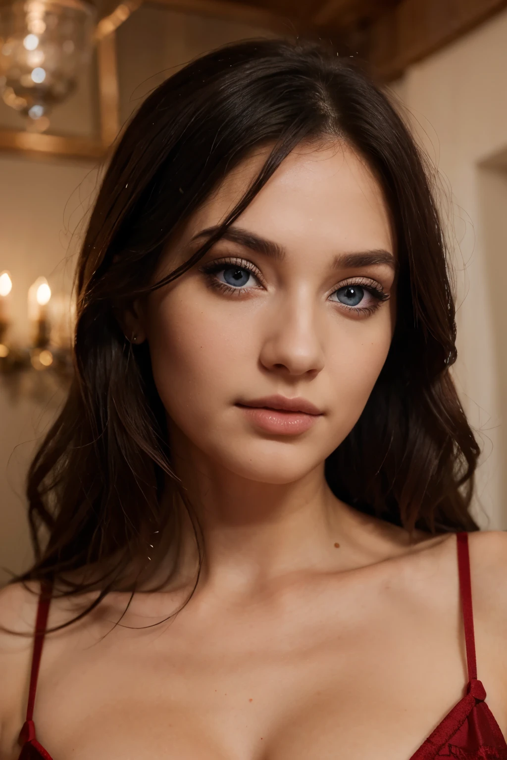 <lora:el1z4b3thmcg0v3rn:1>, at home in casual wear, RAW, UHD, 8K, candid, amateur, highly detailed face, long hair, upper body, close up, smiling:0.5