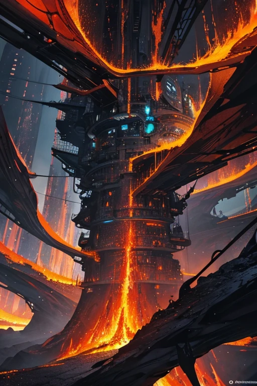 A complex lava structure in a futuristic city